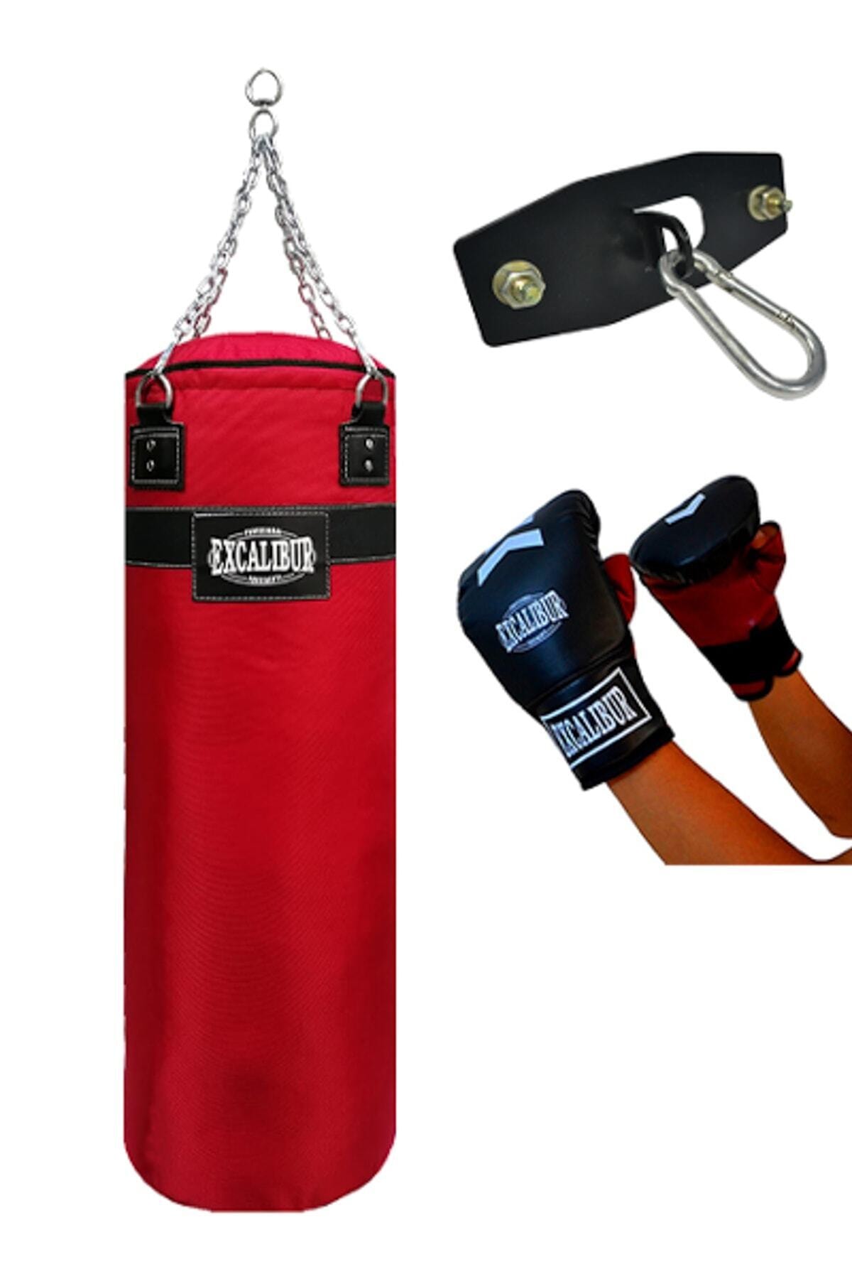 Excalibur Polystar 90 Cm X 30 Cm Kırmızı Boks Torbası + Tavan Aparatı , Torba Eldiveni