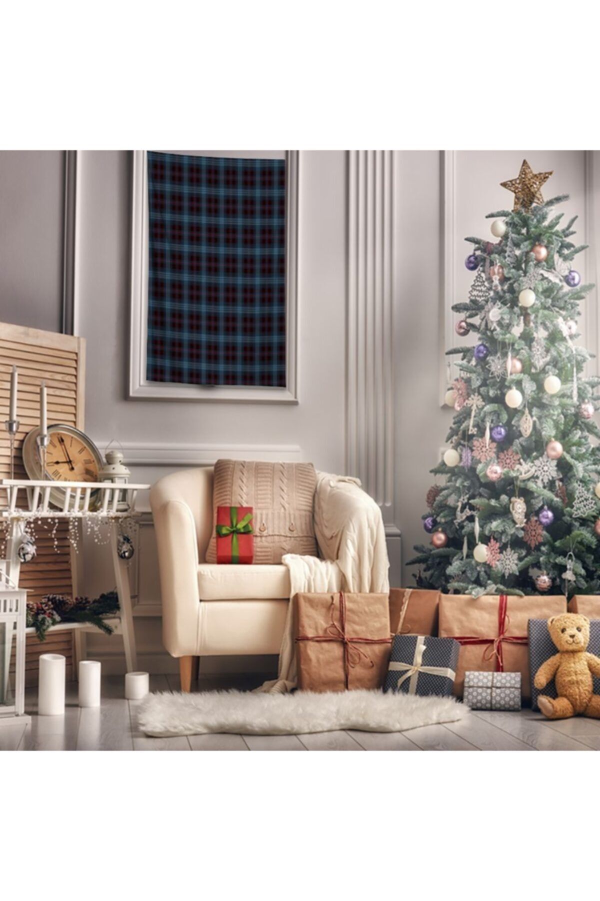 Henge Home Baskılı Duvar Örtüsü Noel Mavi Bordo Kırmızı İskoç Tartan Ekose Desenli