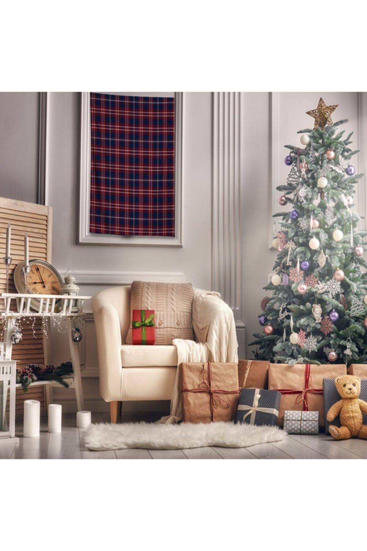 Henge Home Baskılı Duvar Örtüsü Noel Yılbaşı Hediye Laci Kırmızı Beyaz Tartan Ekose