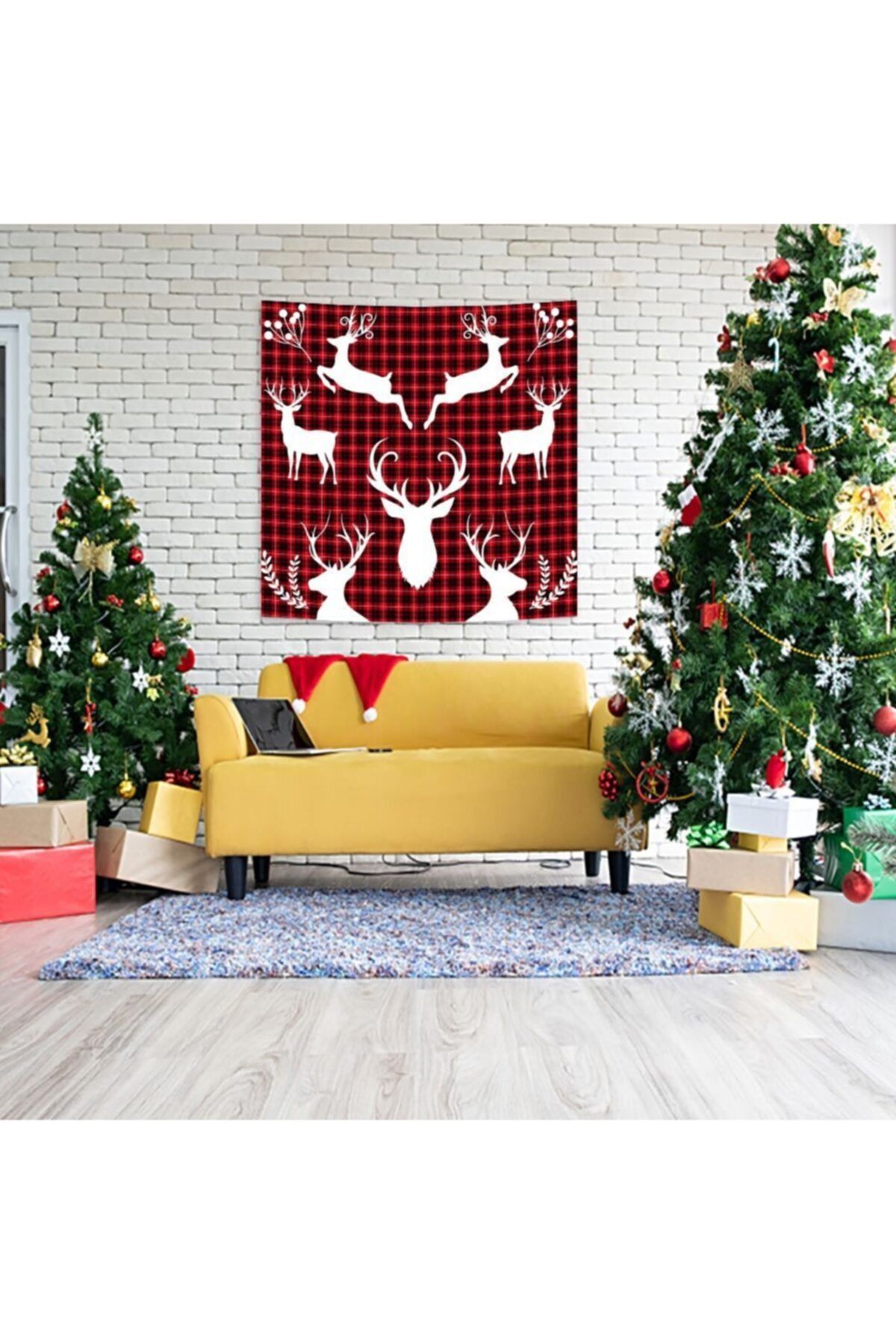 Henge Home Baskılı Duvar Örtüsü Noel Kırmızı Siyah Ekose Üzerine Geyik Desenli