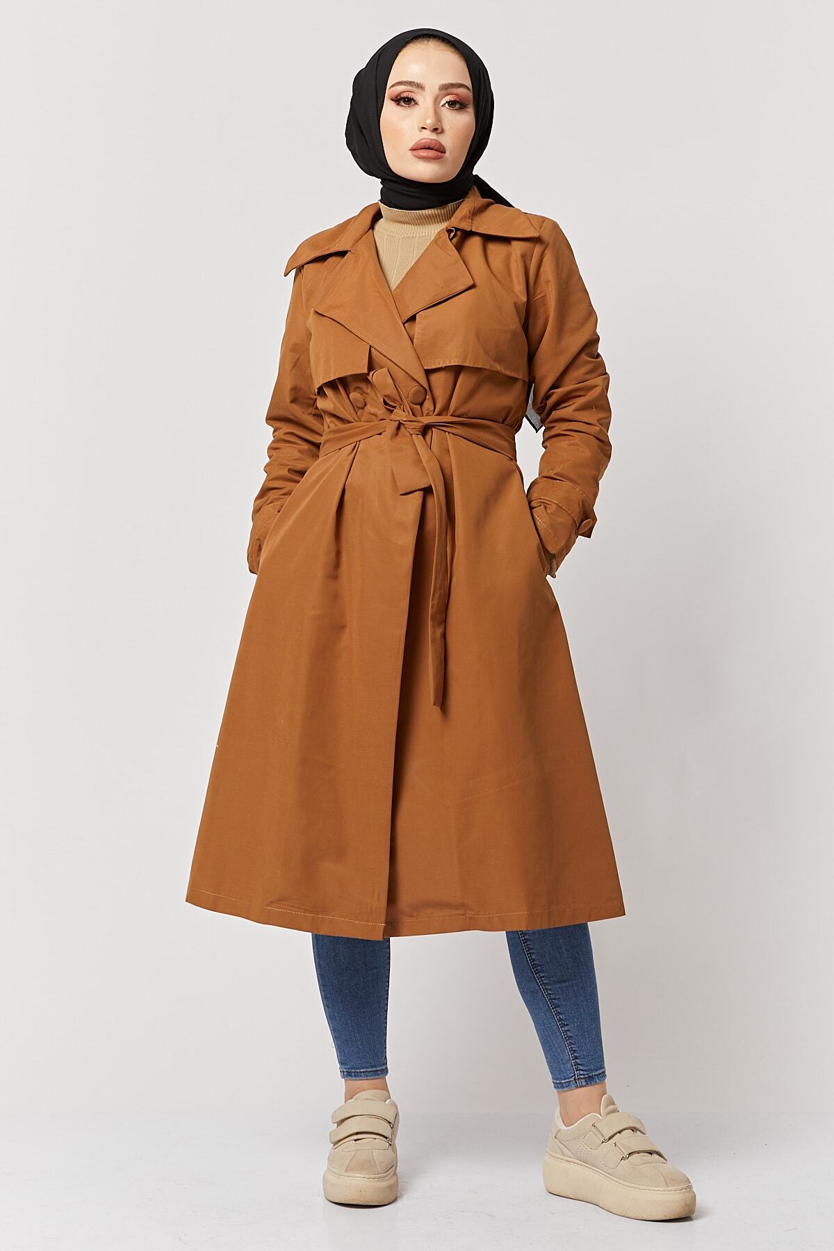festmoda Kadın Koyu Camel Kuşaklı Trençkot