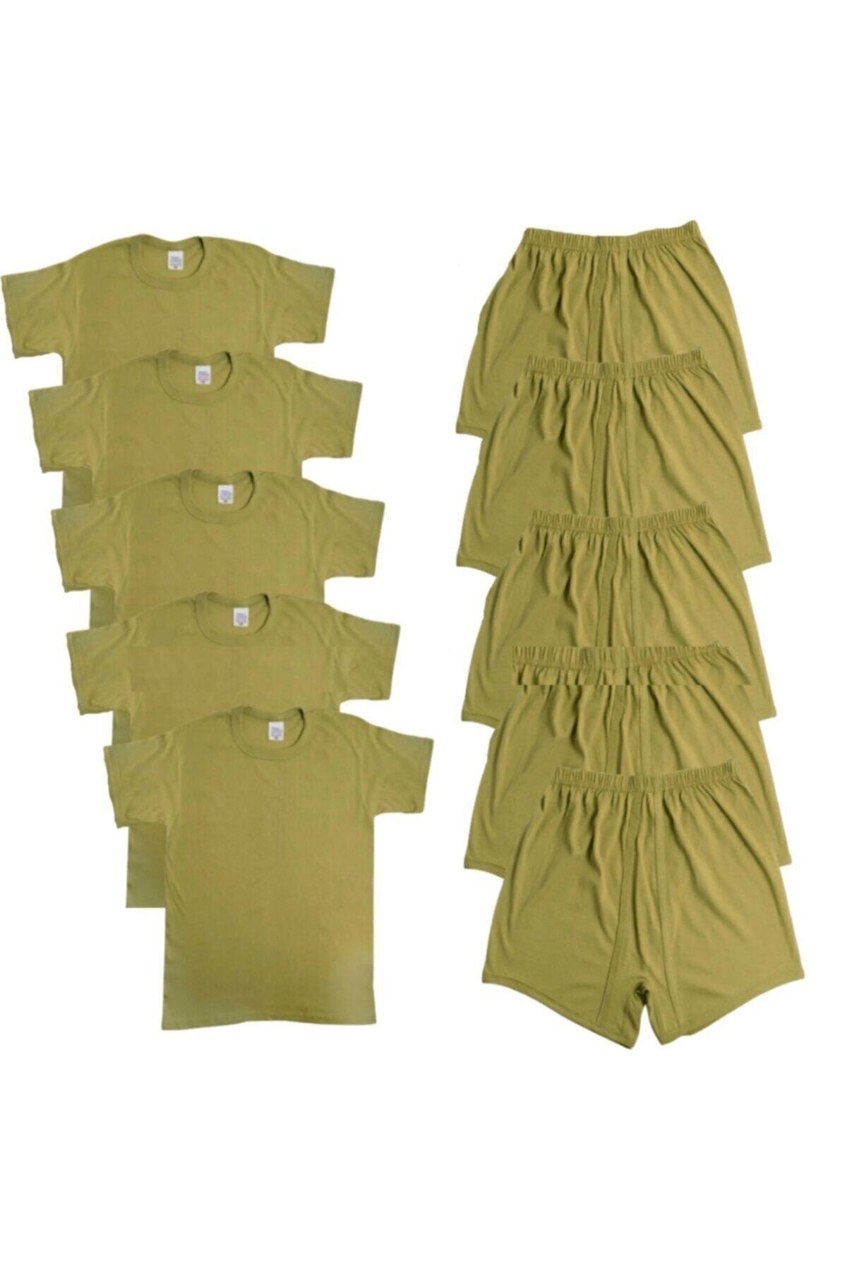 SİNGLE SWORD Erkek Askeri 5'li Yarım Kol Fanila Askeri Atlet Seti + Erkek Askeri 5'li Boxer Paçalı Don Seti