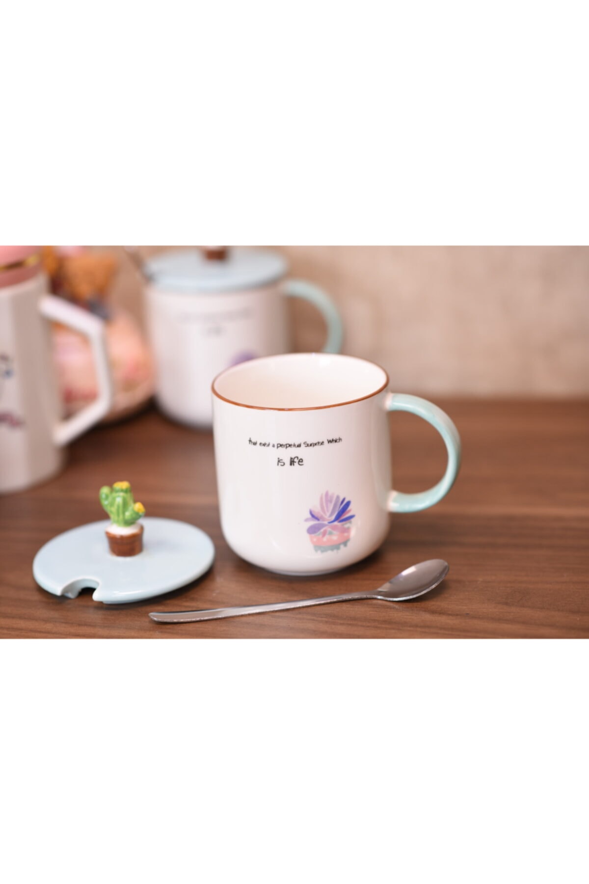 studyosercan2 Mug Seramik Kupa Kaktüs Kapaklı Ve Kaşıklı Mor Tropical Çiçek Modeli