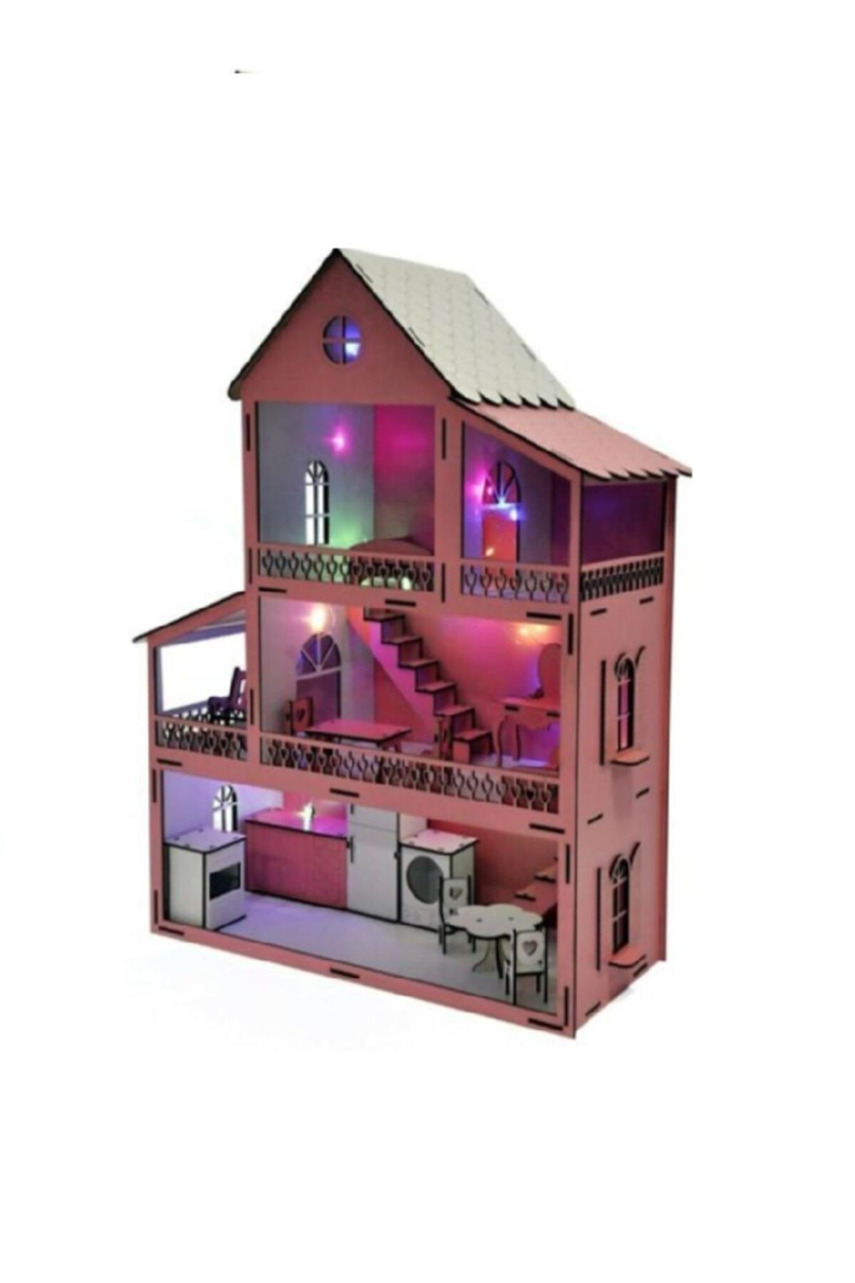 PARSTEK 80 Cm Büyük Ahşap Pembe Oyun Evi-ışıklı-bebek Hediyeli-demonte