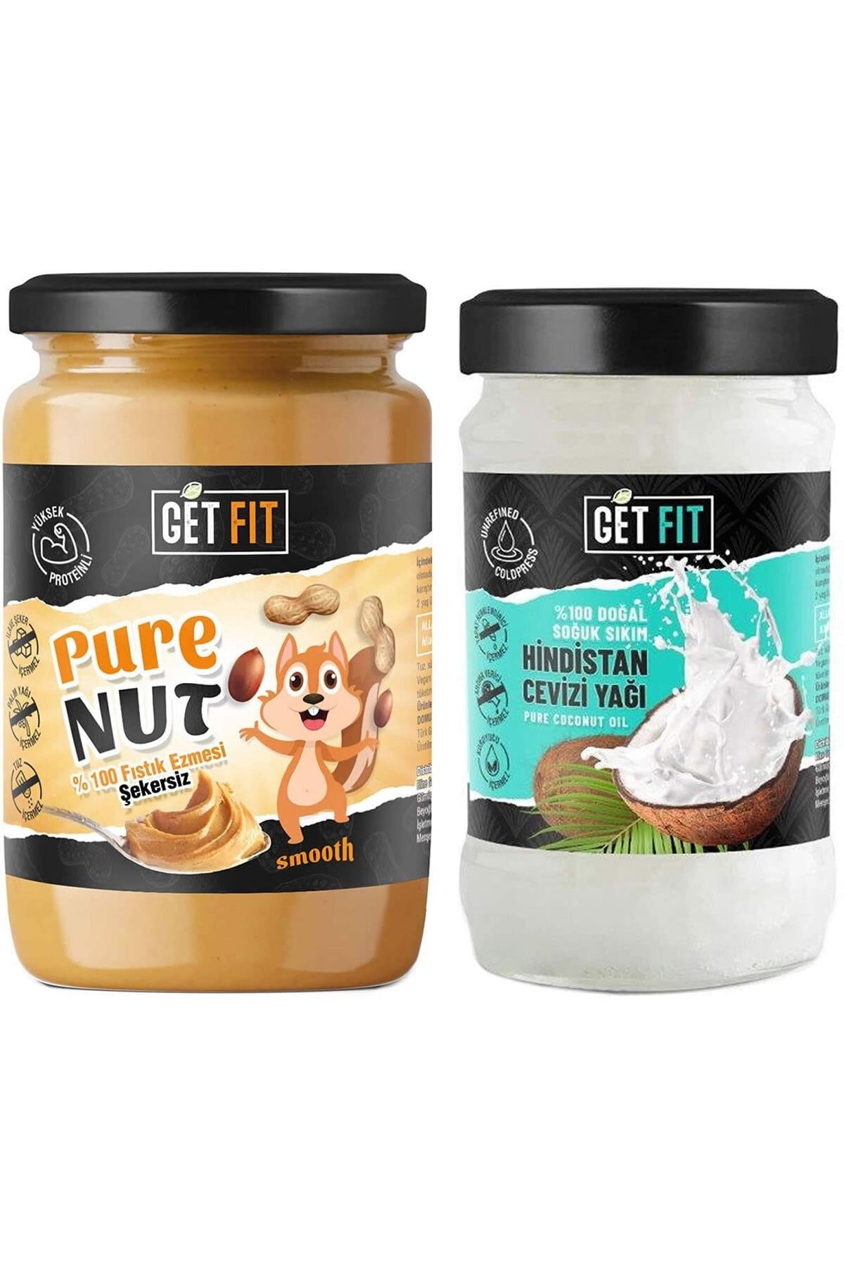 GetFit Purenut Yüksek Proteinli Doğal Fıstık Ezmesi Şekersiz 600g Soğuk Sıkım Hindistan Cevizi Yağı 300 ml