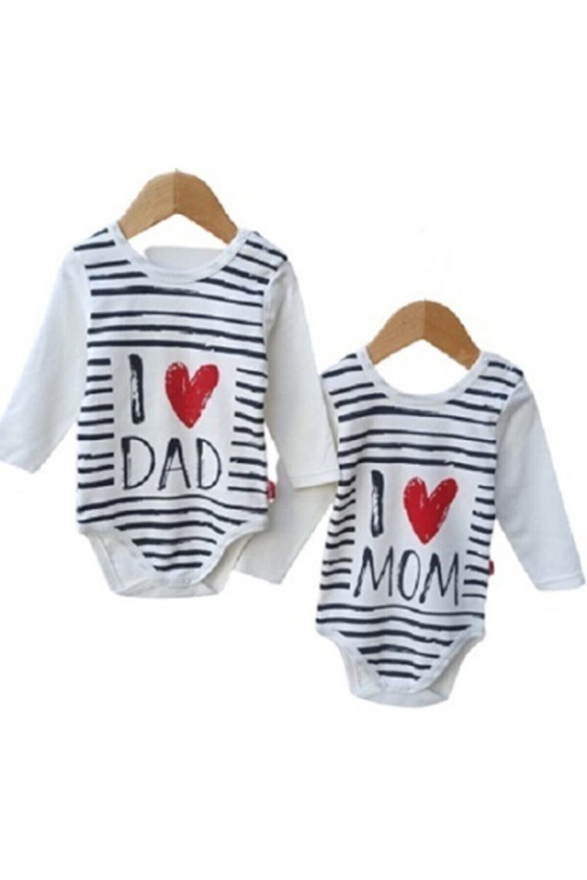 Babysi 2' Li Set Bebek Badi I Love Mom & Dad Tasarım Uzun Kol Çıtçıtlı Body Zıbın