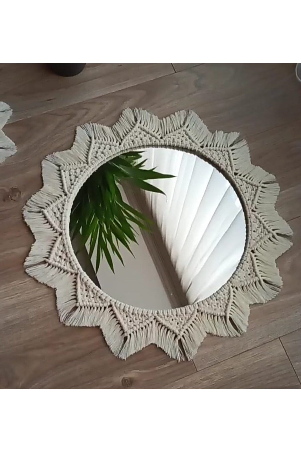 UG Wood Design Dekoratif Bej Büyük Boy Bohem Makrome Ayna 55 55 cm