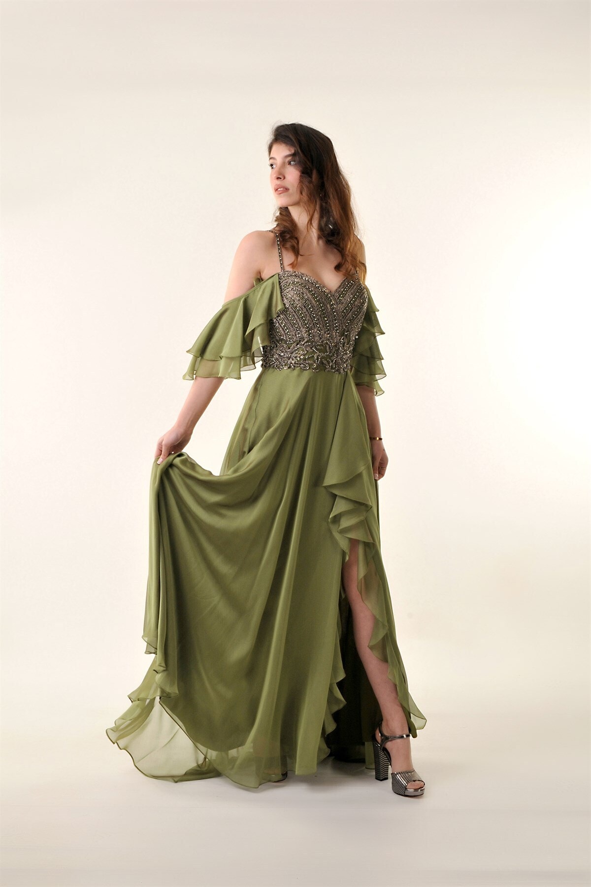 Letta Butik Dressing Room Haki Ithal Full Işleme Abiye 1608h