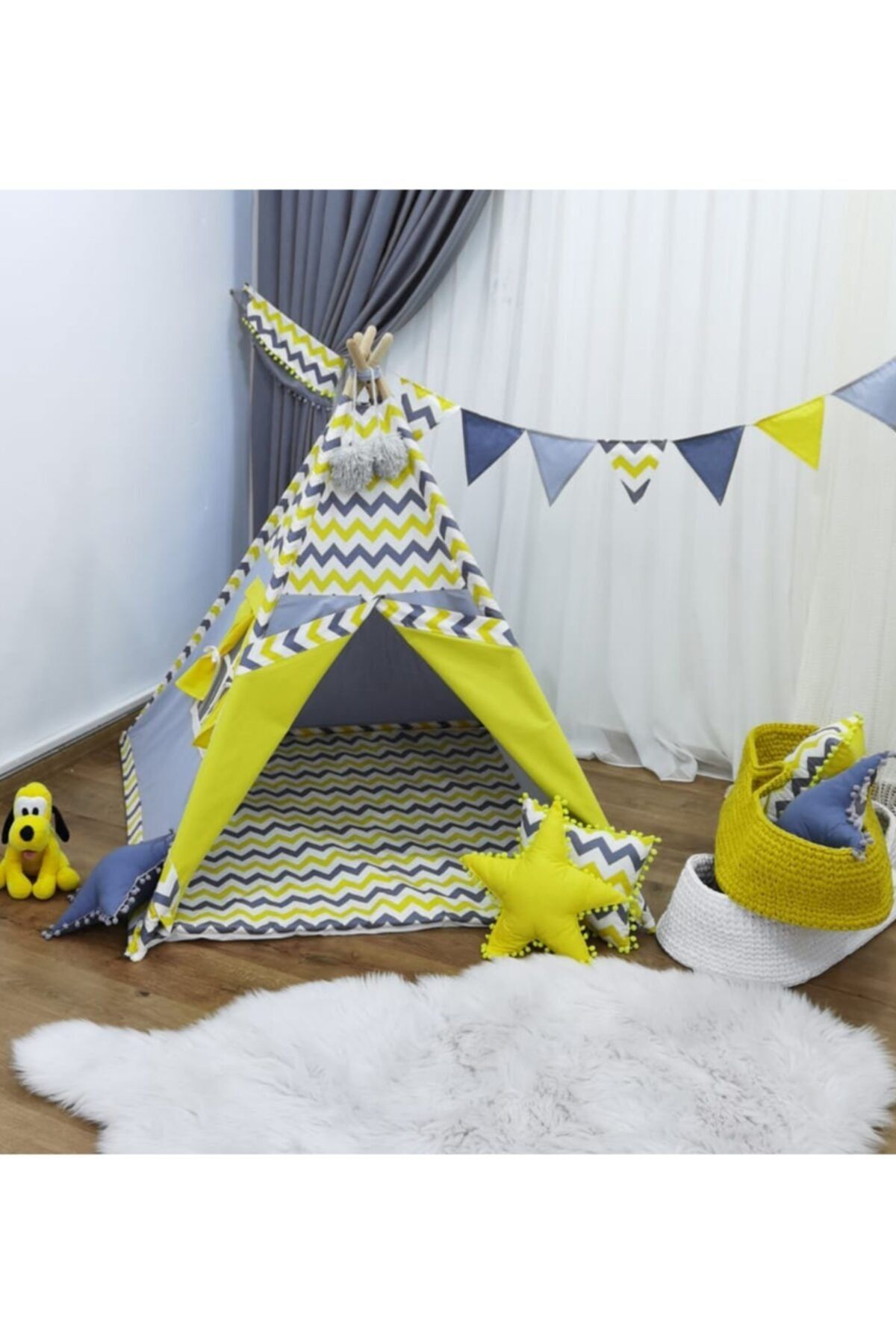 mordesign Premium Zikzak Desen Handmade Ahşap Kızılderili Çocuk Oyun Çadırı, Gri Sarı