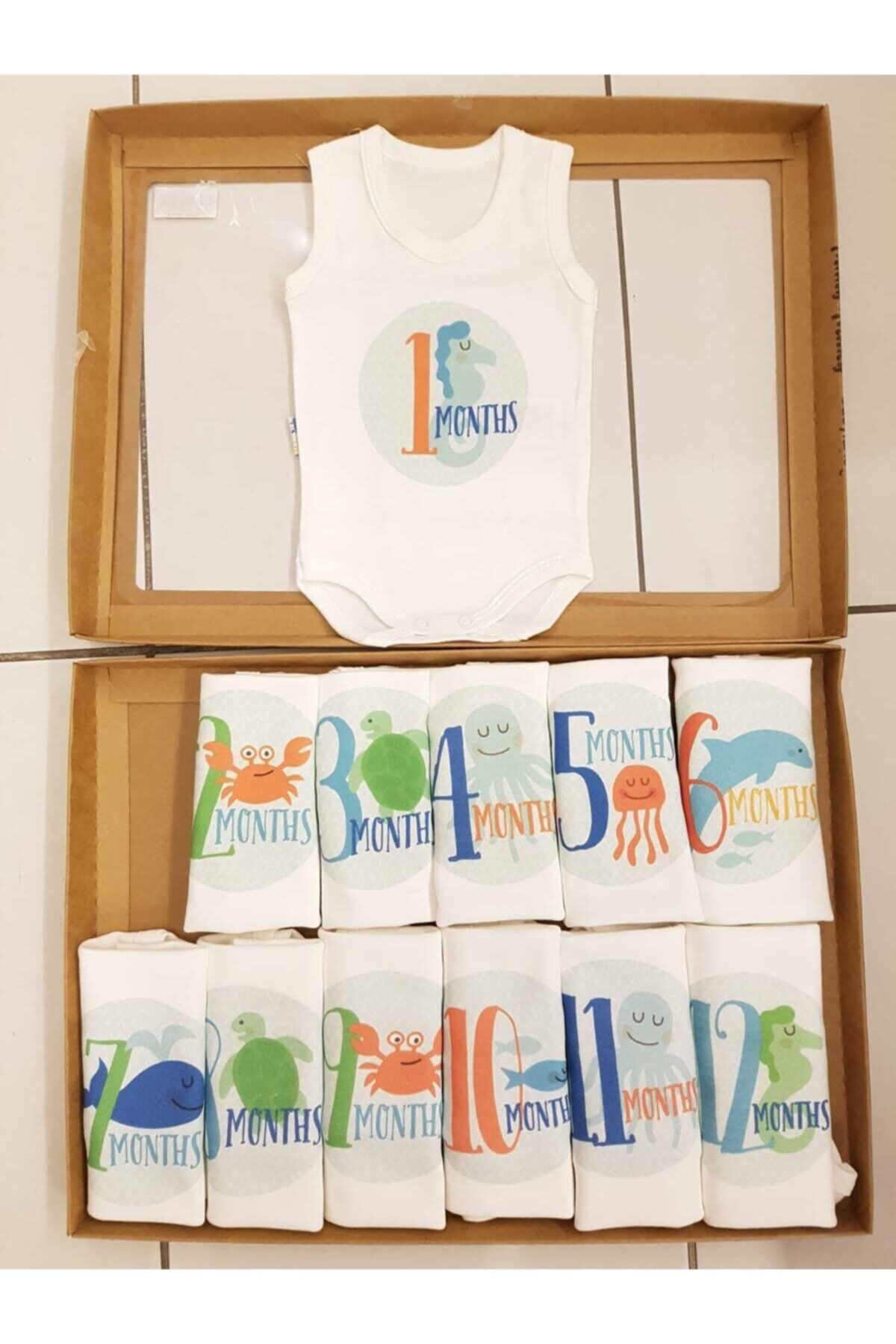 asyaland Unisex 0-1 Yaş Bebeklere Deniz Canlıları 12 Adet Aylık Çıtçıtlı Atlet Badi Body Zıbın Seti