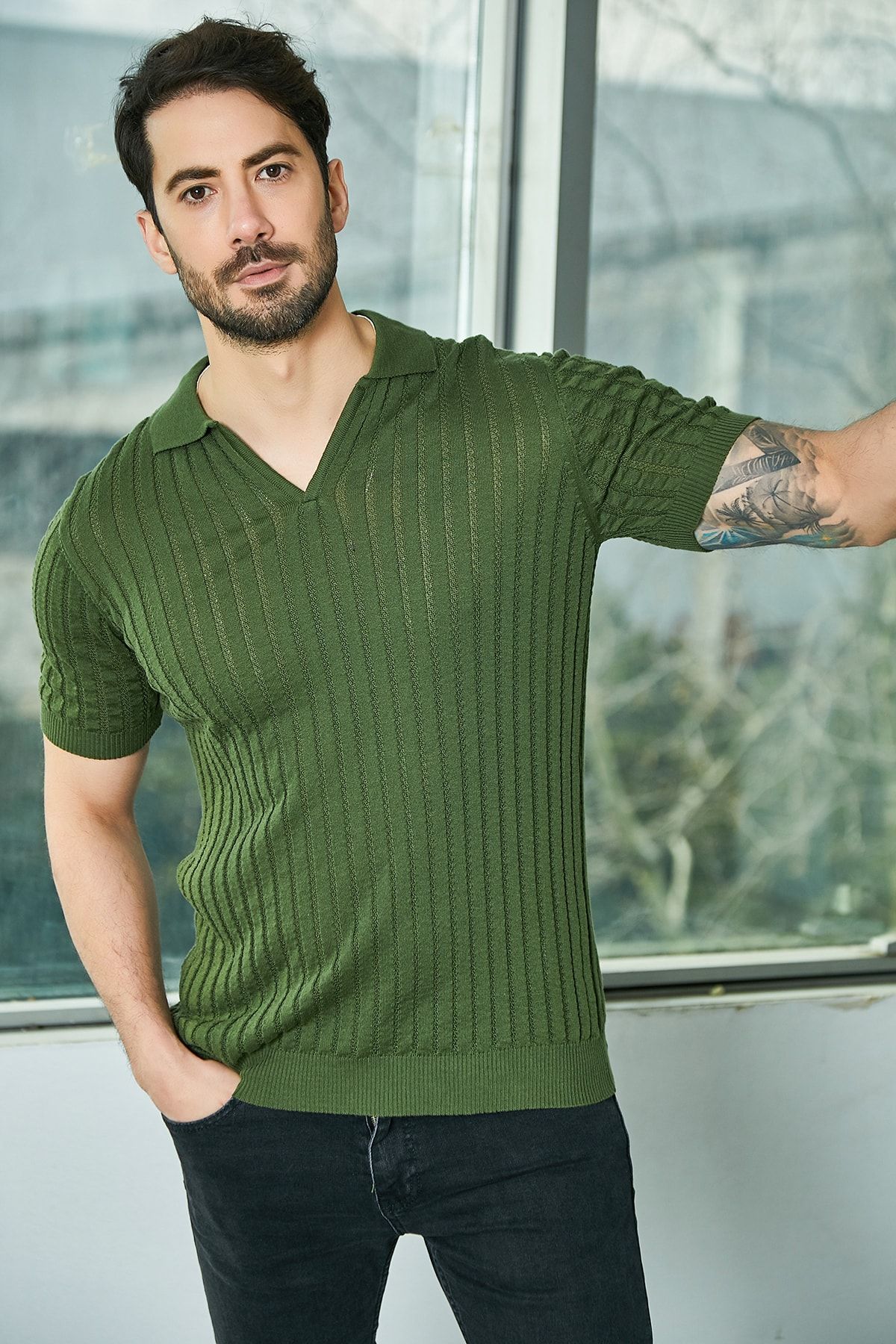 Sateen Men Erkek Haki Kisa Kollu Fitilli Polo Yaka Triko STN335ETR121