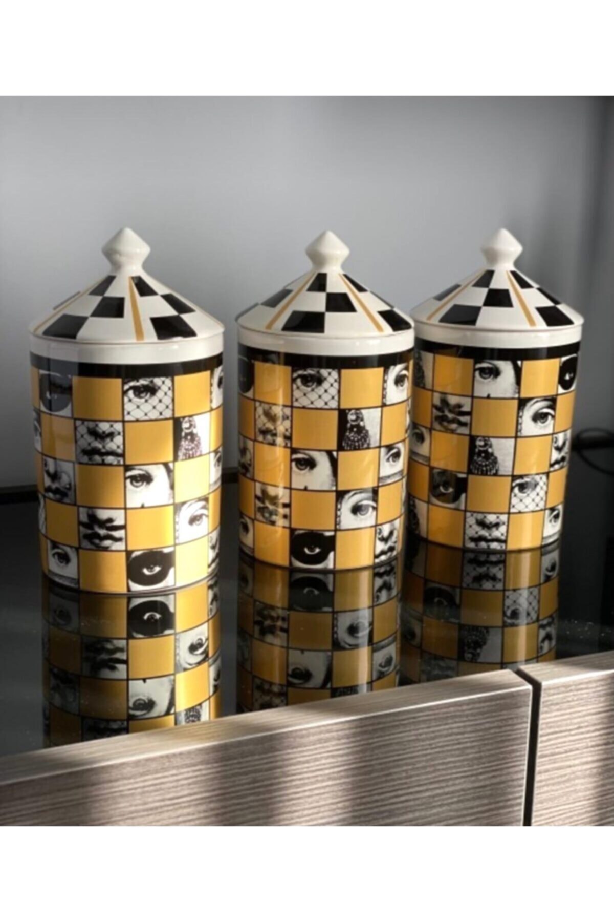 Mirsa Global Fornasetti Modeli Damalı 3 Lü (ÇAY ŞEKER KAHVE) Kavanoz Takımı