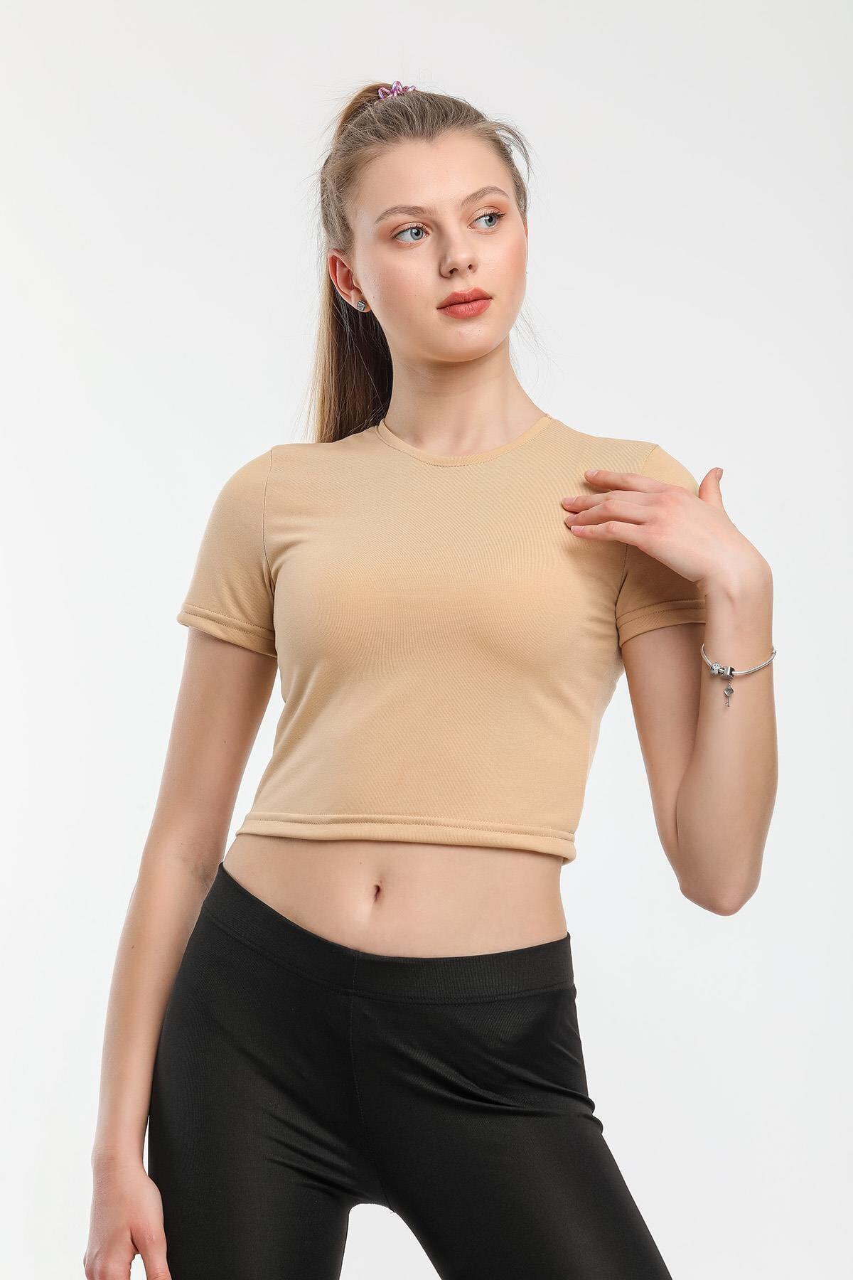 Met Çarşı Kadın T-shirt Pamuklu Bisiklet Yaka Basic Düz Crop Top Bisküvi T-shirt
