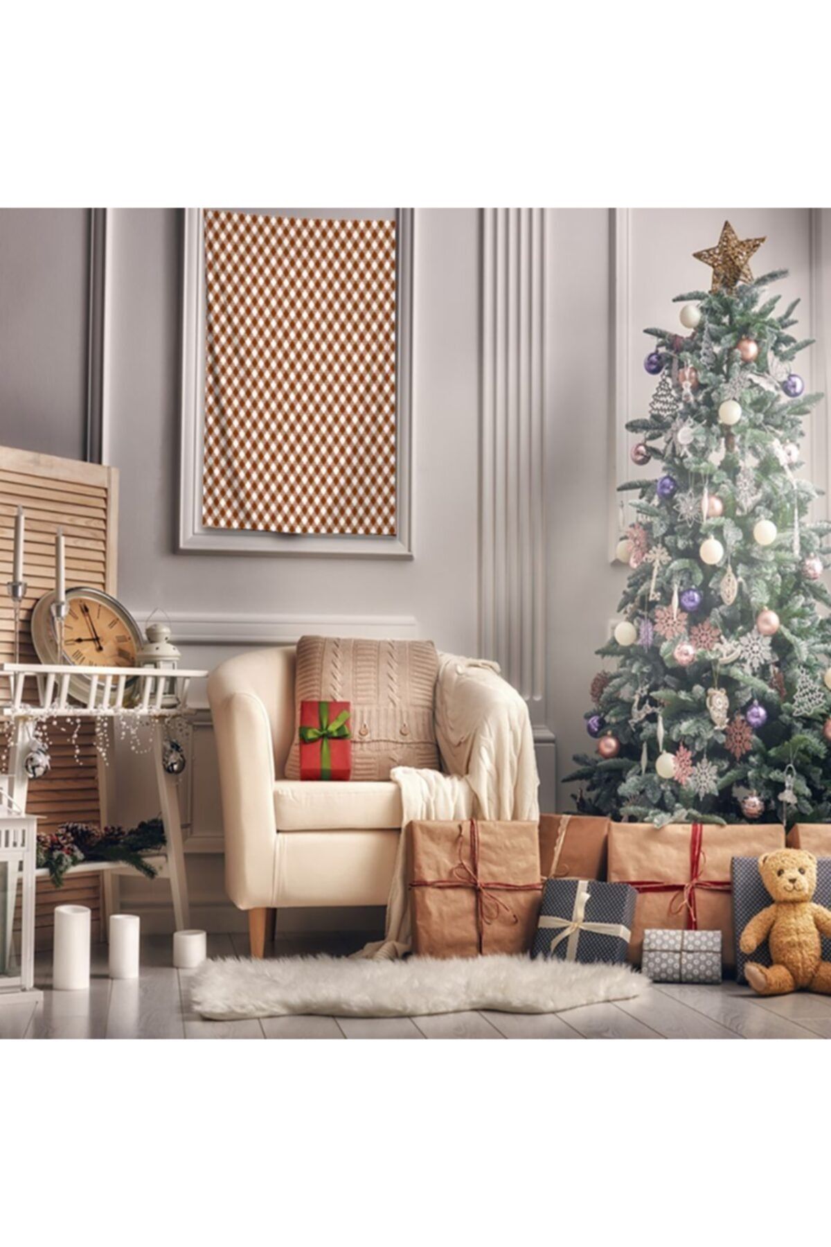 Henge Home Baskılı Duvar Örtüsü Noel Yılbaşı Tartan Ekose İskoç Desen Kahve Renk
