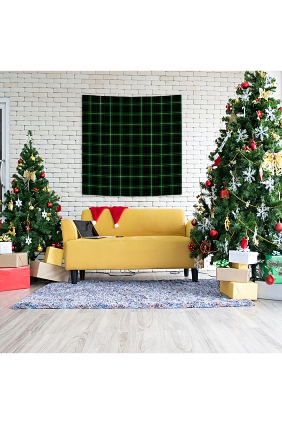 Henge Home Baskılı Duvar Örtüsü Noel Yılbaşı Yeşil Siyah Beyaz Tartan Ekose Desenli
