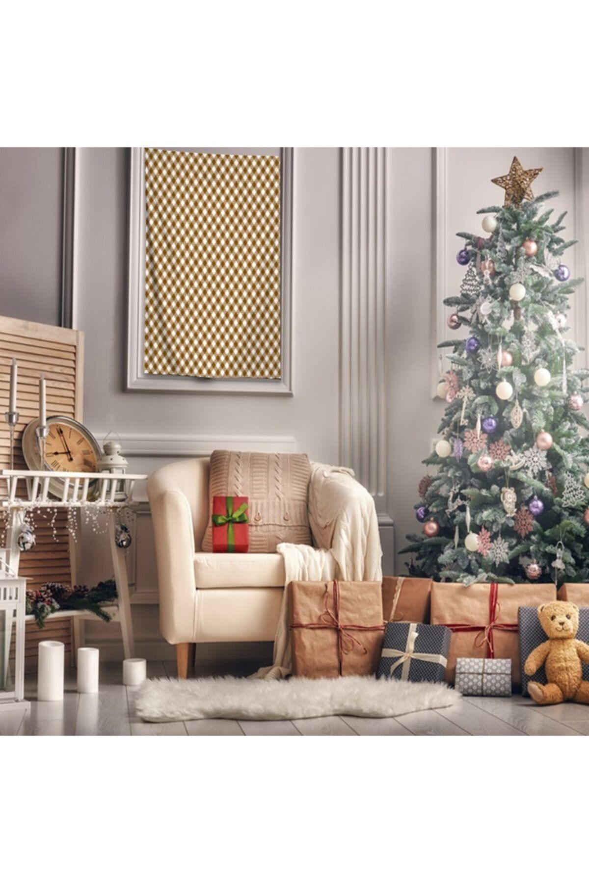 Henge Home Baskılı Duvar Örtüsü Noel Yılbaşı Tartan Ekose İskoç Desen Hardal Renk