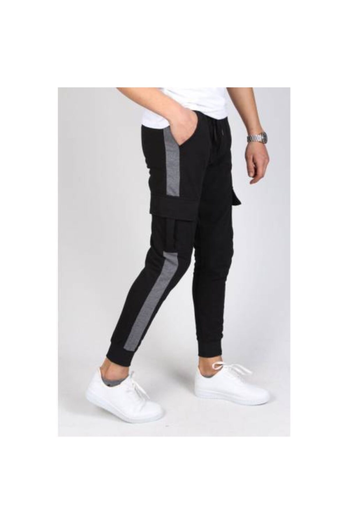 Depovip Erkek Siyah Antrasit Şeritli Kargo Cepli Eşofman Altı