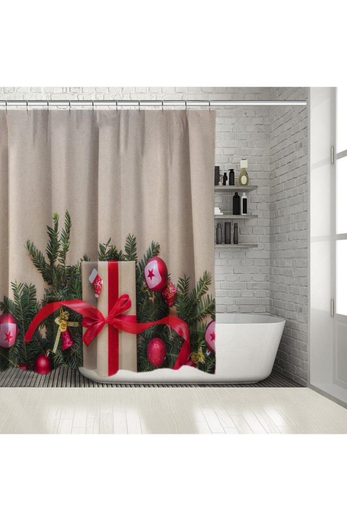 Henge Home Baskılı Duş Perde Krem Zeminli Çam Dalları Kırmızı Noel Süsleri ile Hediye Paketli