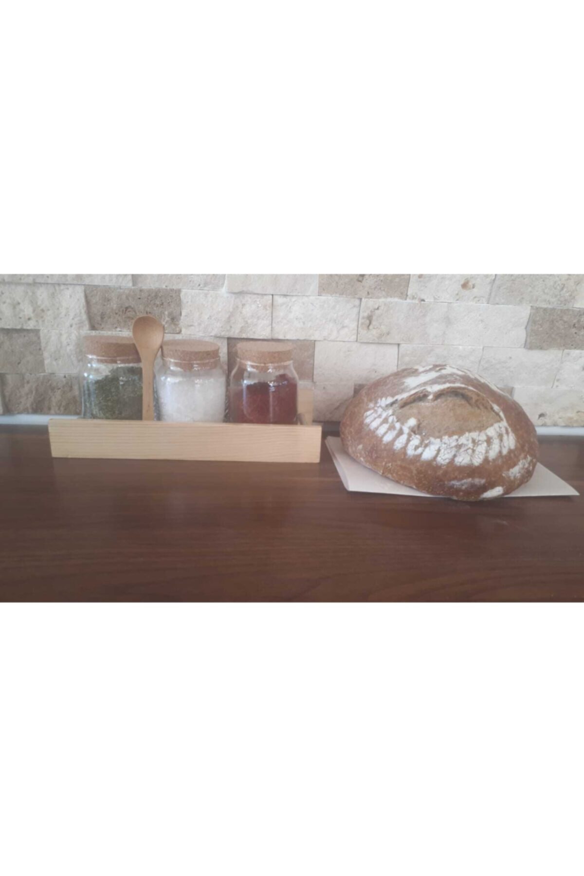 Efem Tuz Çam Ahşap Baharat Rafı Ve Üçlü Kavanoz 26cm Uzunluk 10 Cm Genişlik