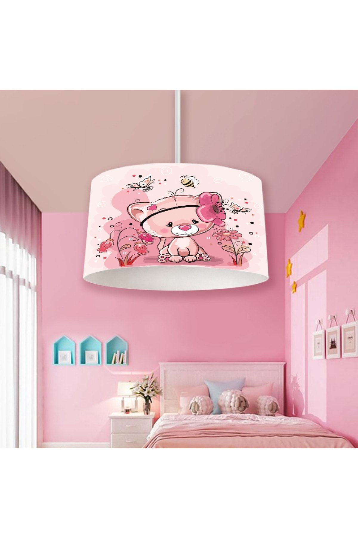 Herms Veronya Pembe Kedi Desenli Avize Çocuk Odası Avizesi
