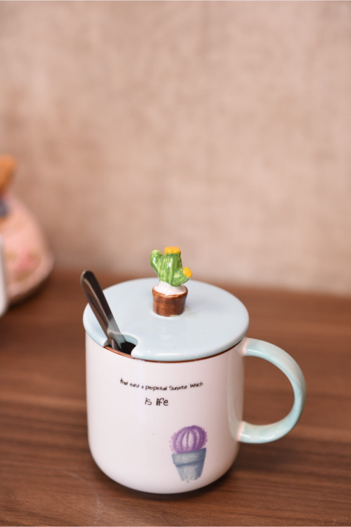 studyosercan2 Mug Seramik Kupa Kaktüs Kapaklı Ve Kaşıklı Mor Kaktüs Modeli
