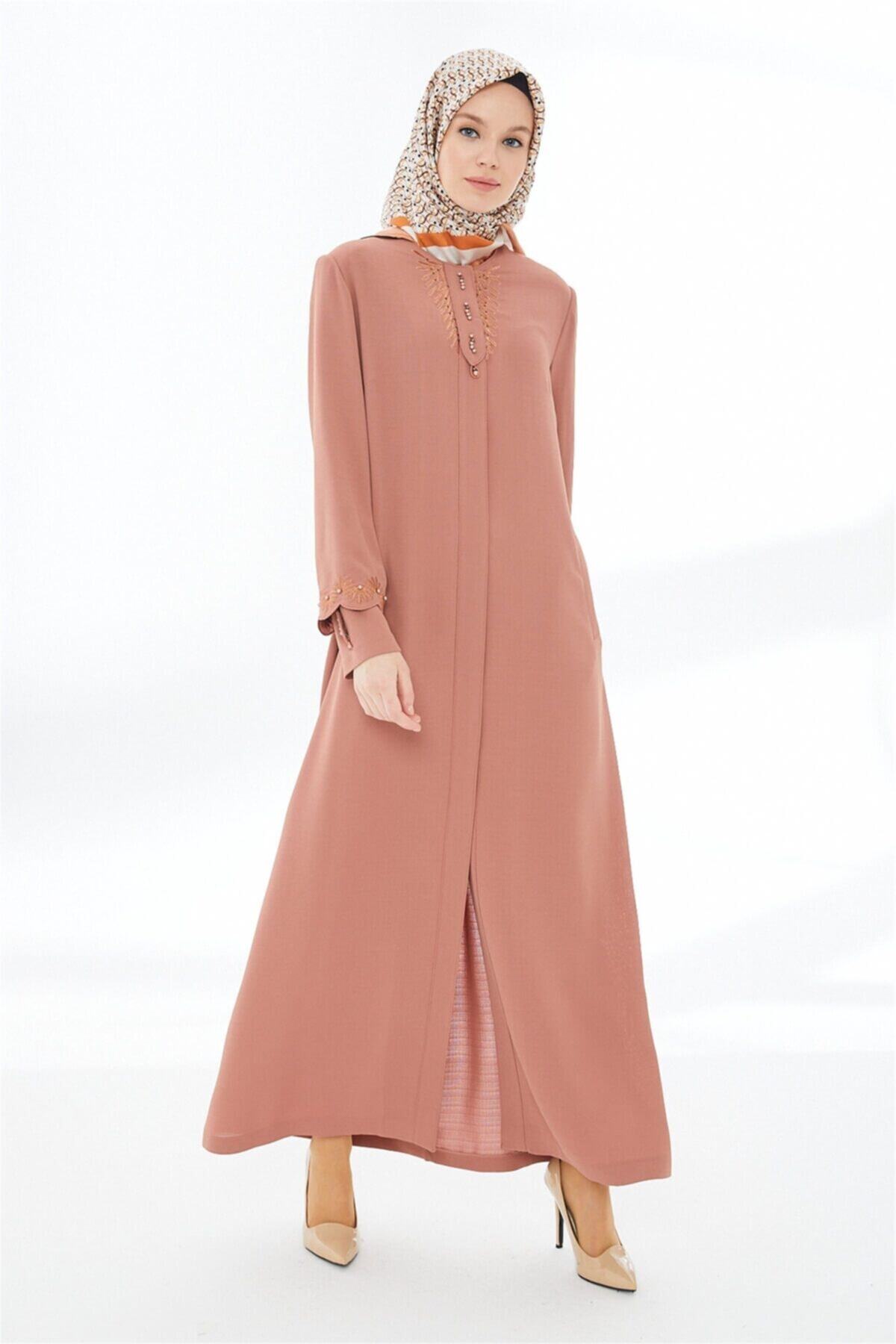 Zühre Kadın Pembe Nakış Detaylı Pardesü 12476