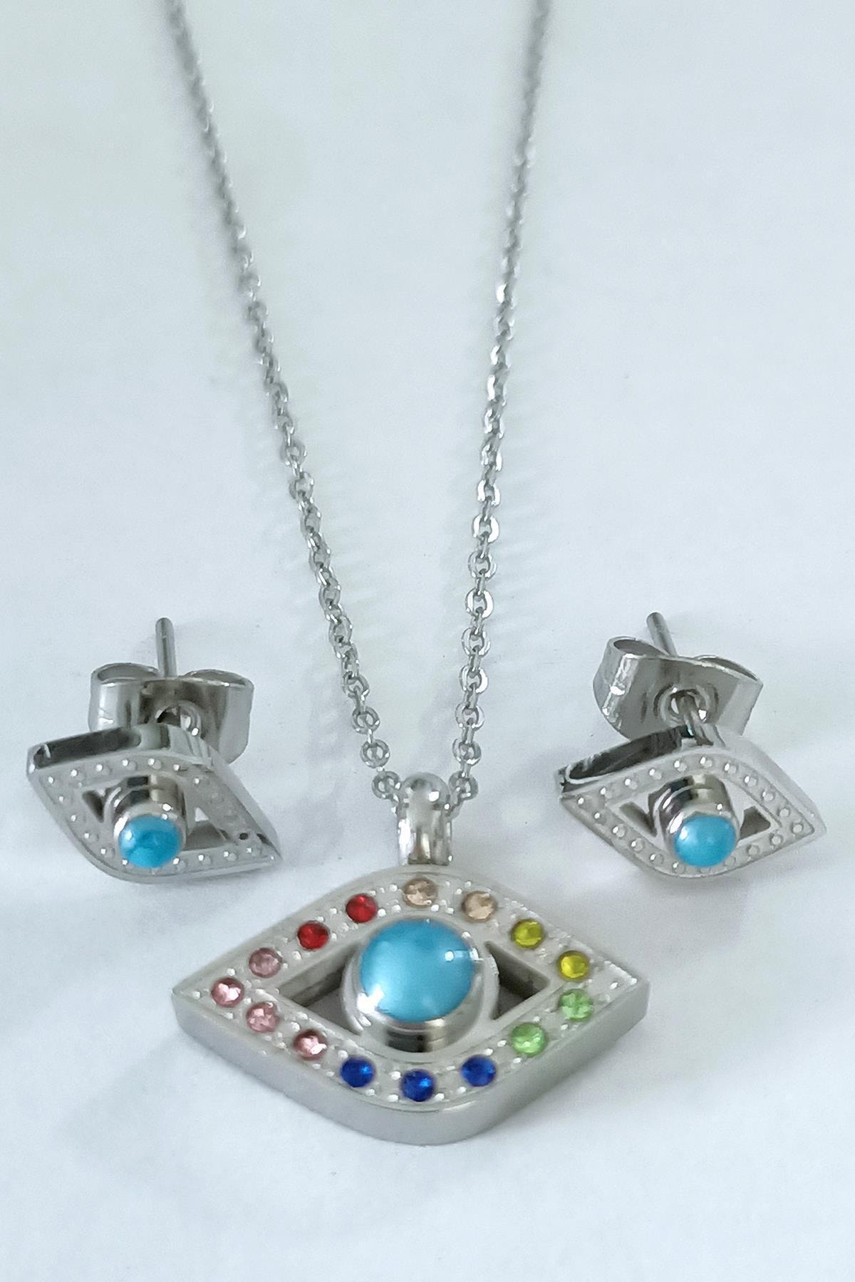 Yoro Çelik Renkli Kristal Taşlı Set