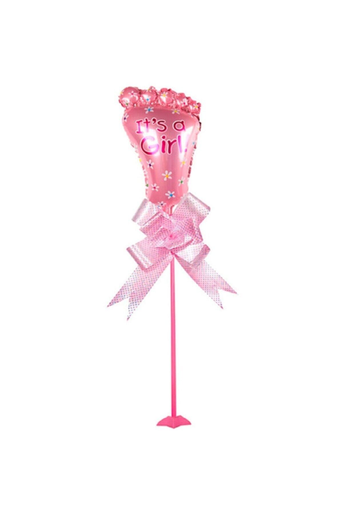 PartiVar Bebek Ayağı It's A Girl Çubuklu Pembe Folyo Balon Standı