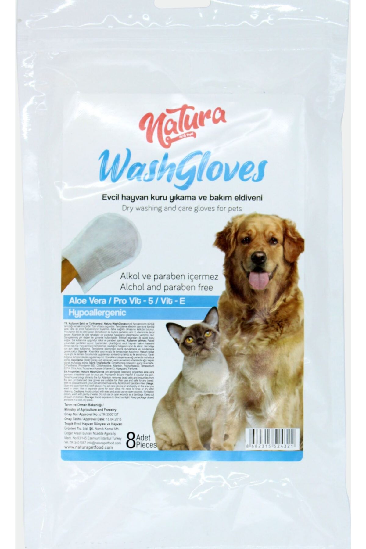 natura Washgloves Kedi Ve Köpekler Için Temizlik Ve Bakım Kesesi 8 Li Eldiven