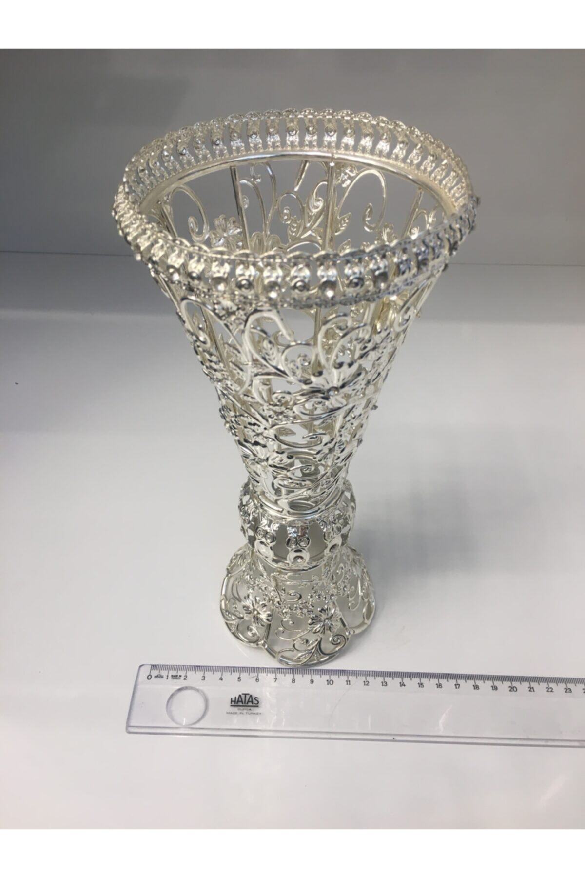 Mygiftstore Gümüş Metal Kristal Taşlı Metal Vazo 25cm My068