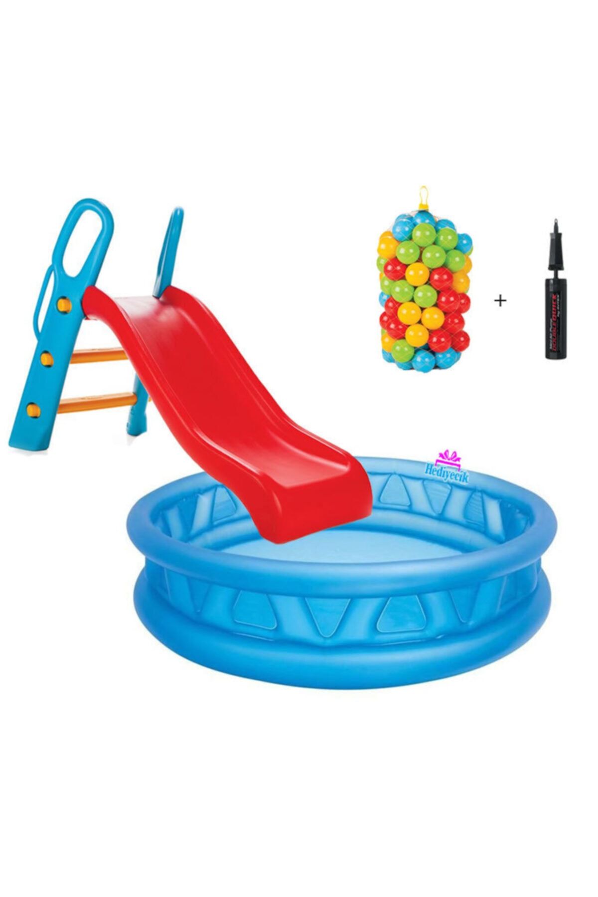 hediyecik Kaydıraklı Oyun Seti Kolezyum Havuz + 6 Cm 100'lü Oyun Havuz Topu + Pompa