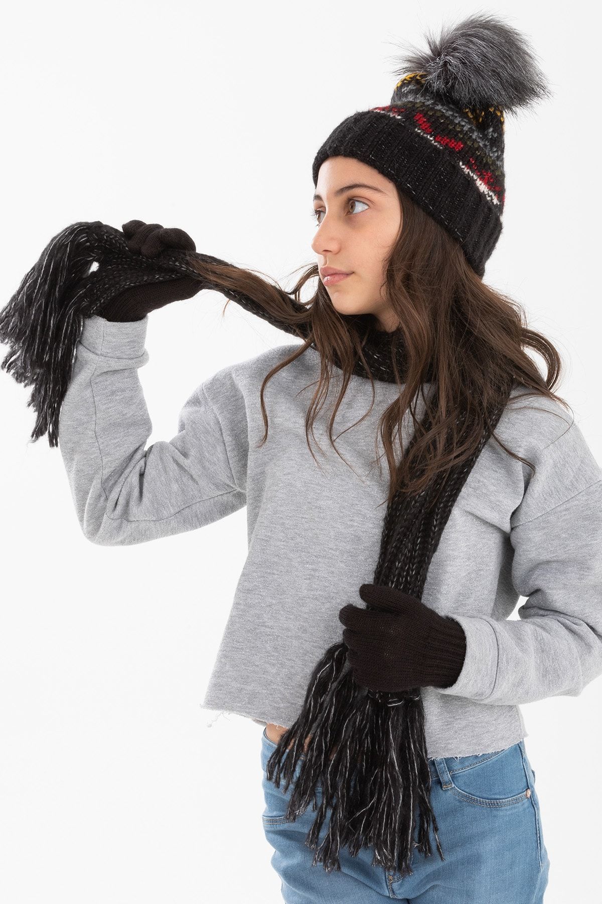 Forum Fashion Kız Çocuk Desenli PonponluAtkı Bere Eldiven Takımı