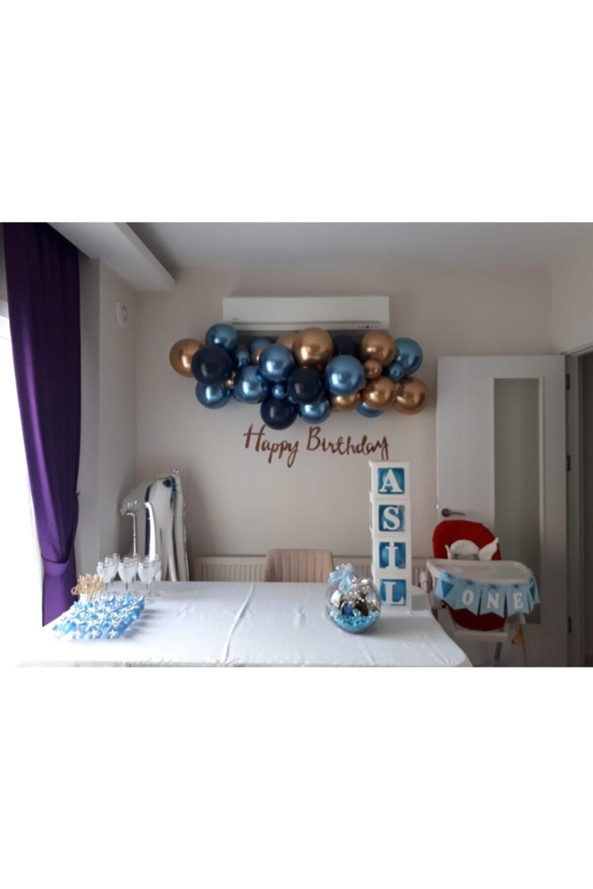 Ege Parti Evi Krom Gold, Krom Mavi, Lacivert Balon Zinciri - Gold Happy Birthday Banner