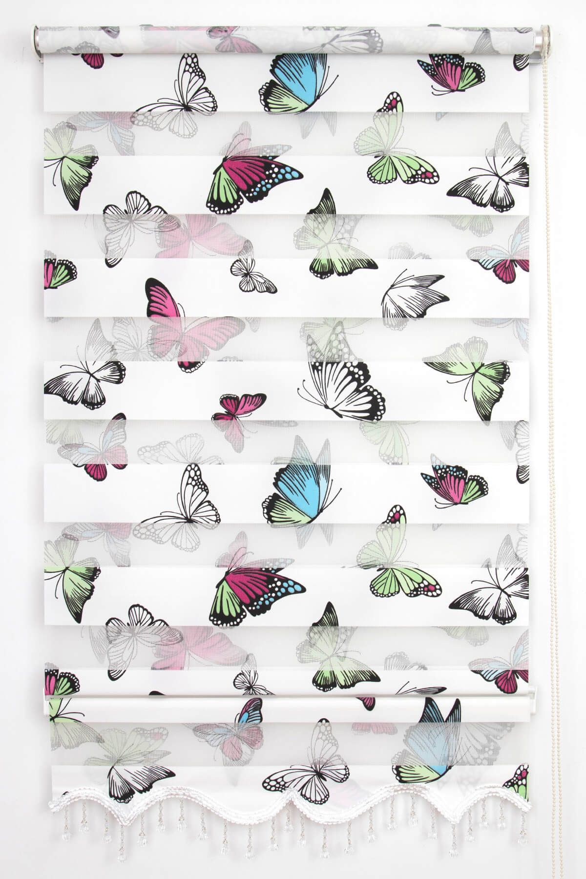 Tengo 80X200 Tengo Zebra Perde  Kelebek Desenli Çocuk ve Genç Odası Etekli Boncuklu Stor