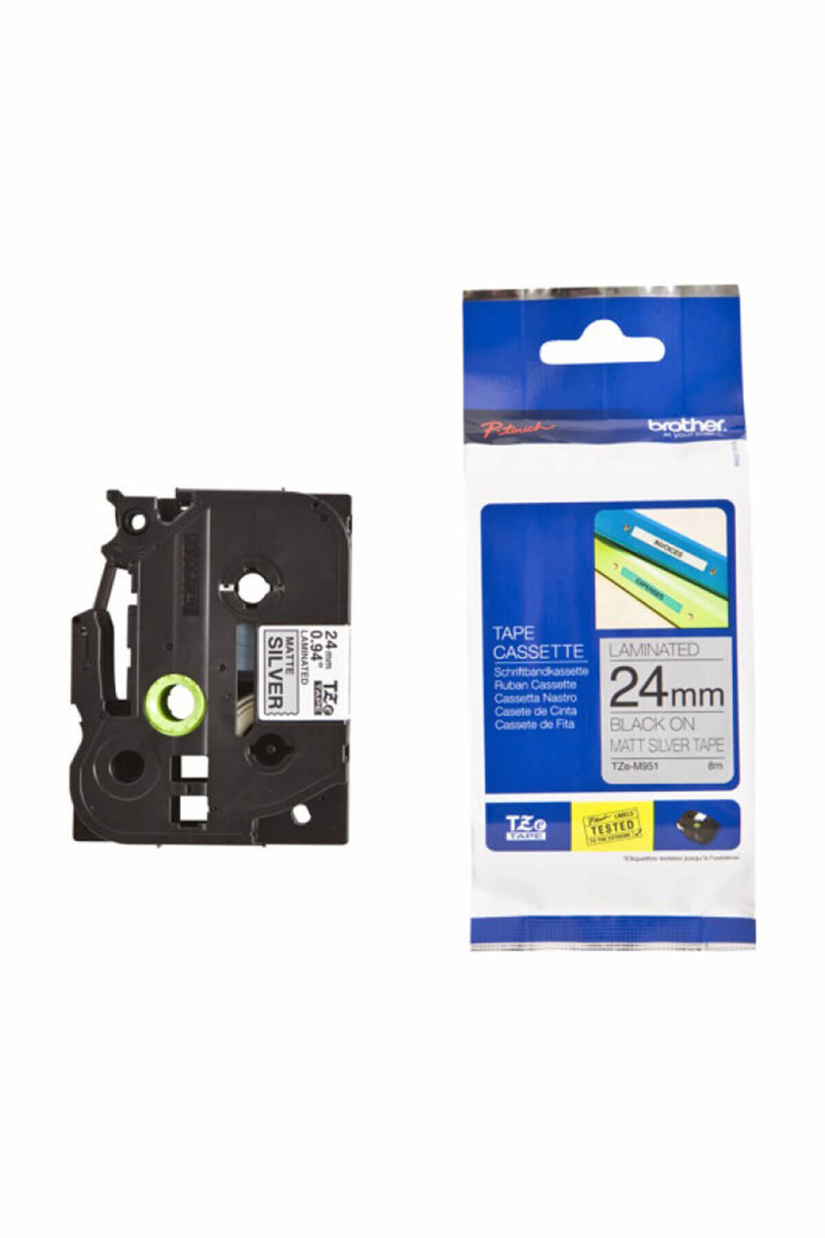 Brother P-TOUCH TZE-M951 TZE-TAPE 24MM MAT GÜMÜŞ ÜZERİNE SİYAH LAMİNASYONLU ETİKET