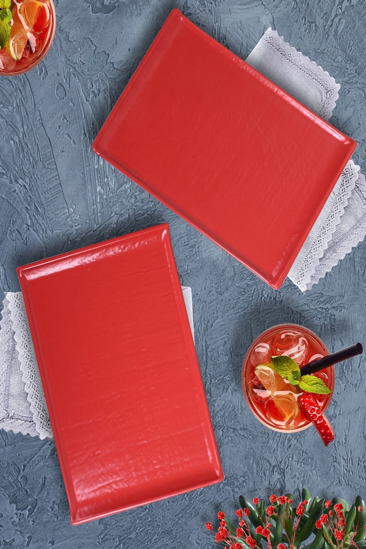 Keramika Mat Kırmızı Doğaltaş Kayık Tabak 30 Cm 2 Adet