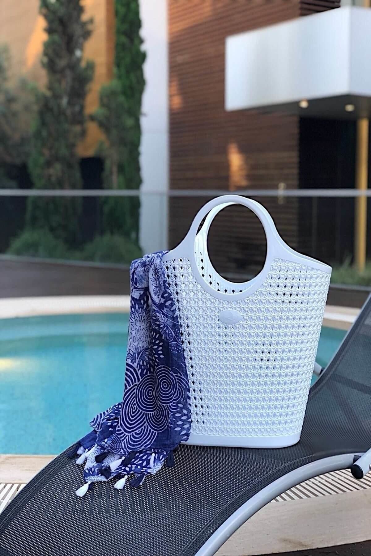 Arma House Örgü Desenli Büyük Boy Beyaz Rengi Plastik Plaj Çantası C1-7