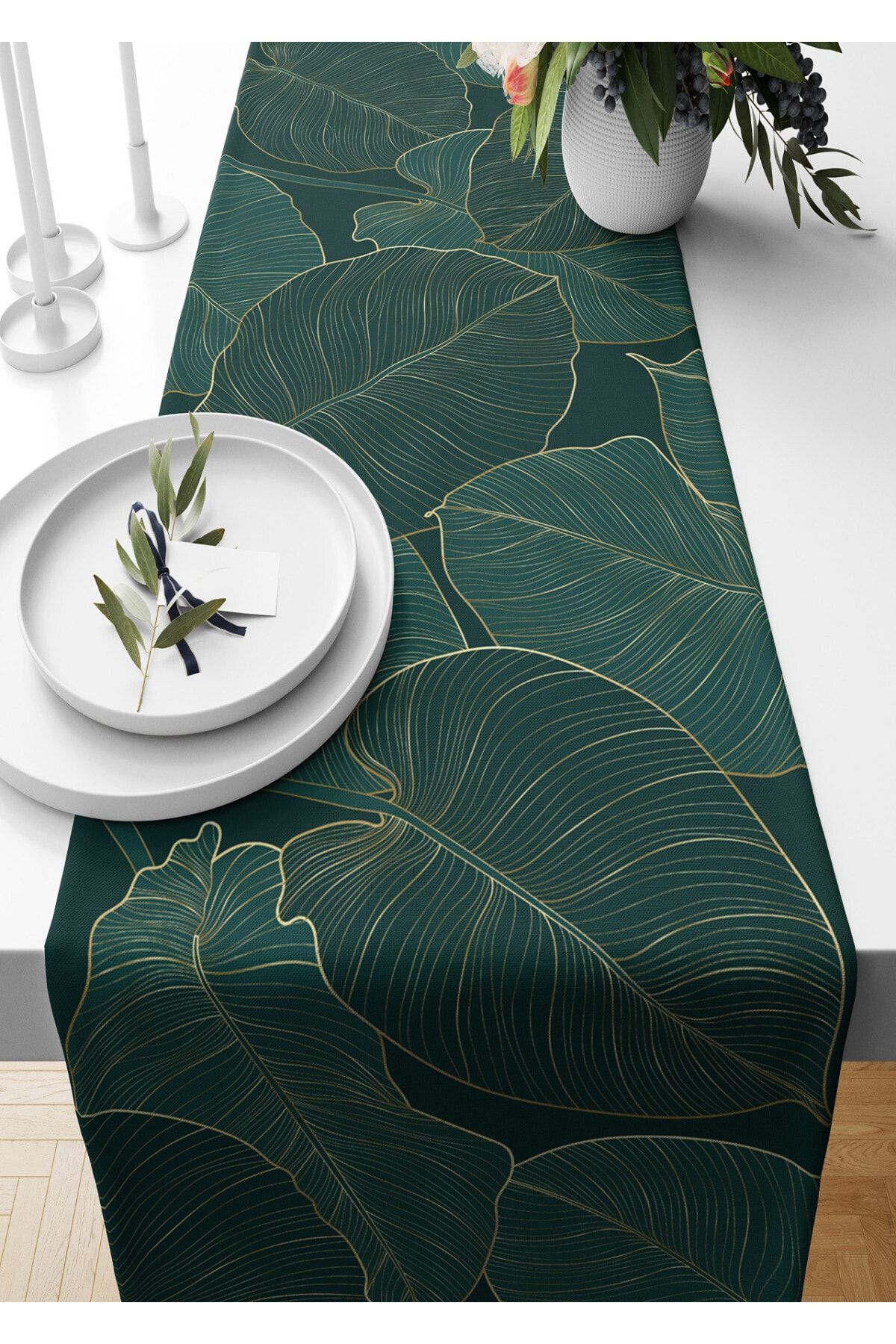 Pilloveland Runner Koyu Yeşil Ve Altın Yaprak Desenli Süet Dokuma 140*40 Cm