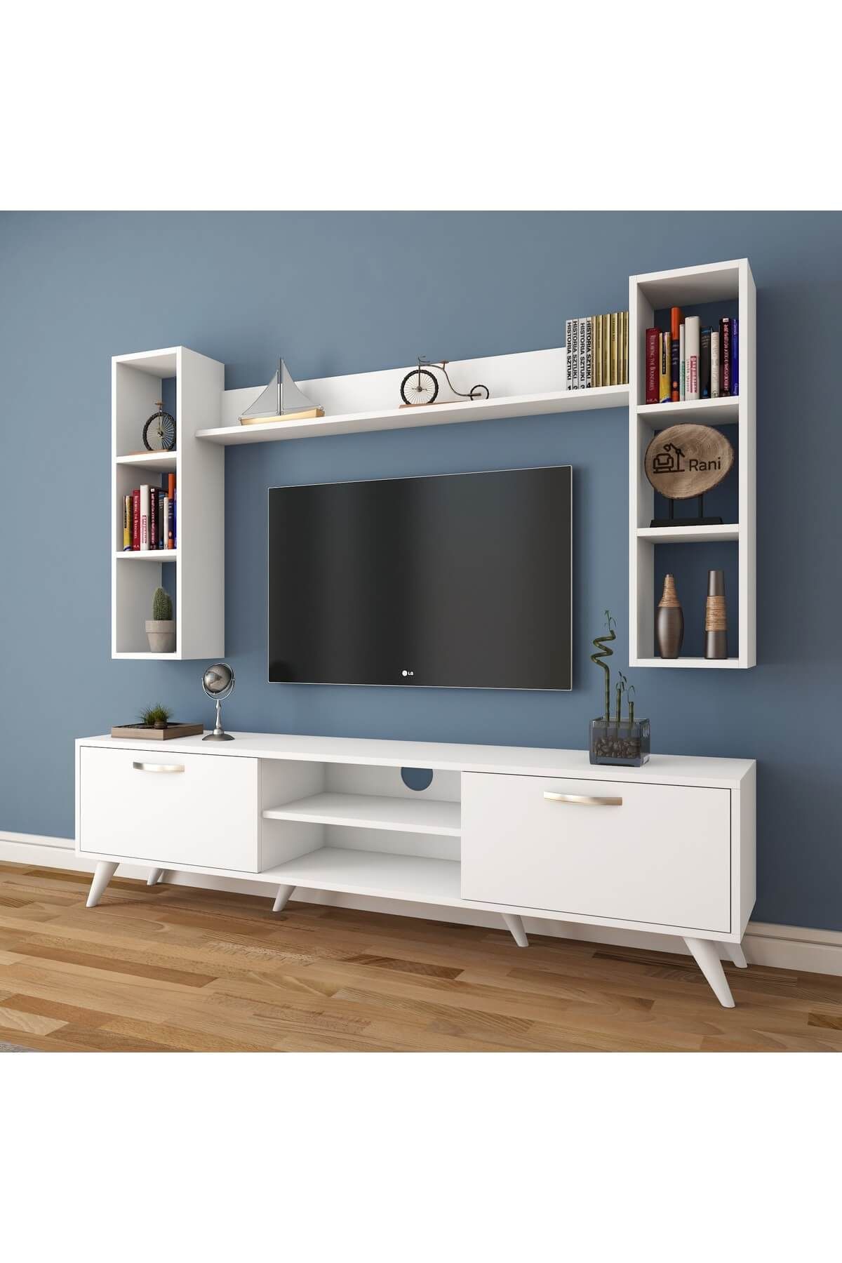 rani mobilya a9 duvar rafli kitaplikli tv unitesi duvara monte dolapli modern ayakli tv sehpasi beyaz m5 fiyati yorumlari trendyol