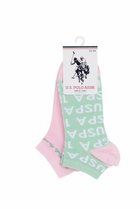 U.S. Polo Assn. Kadın Yeşil Desenli Pembe 2'li Patik Çorabı WALE