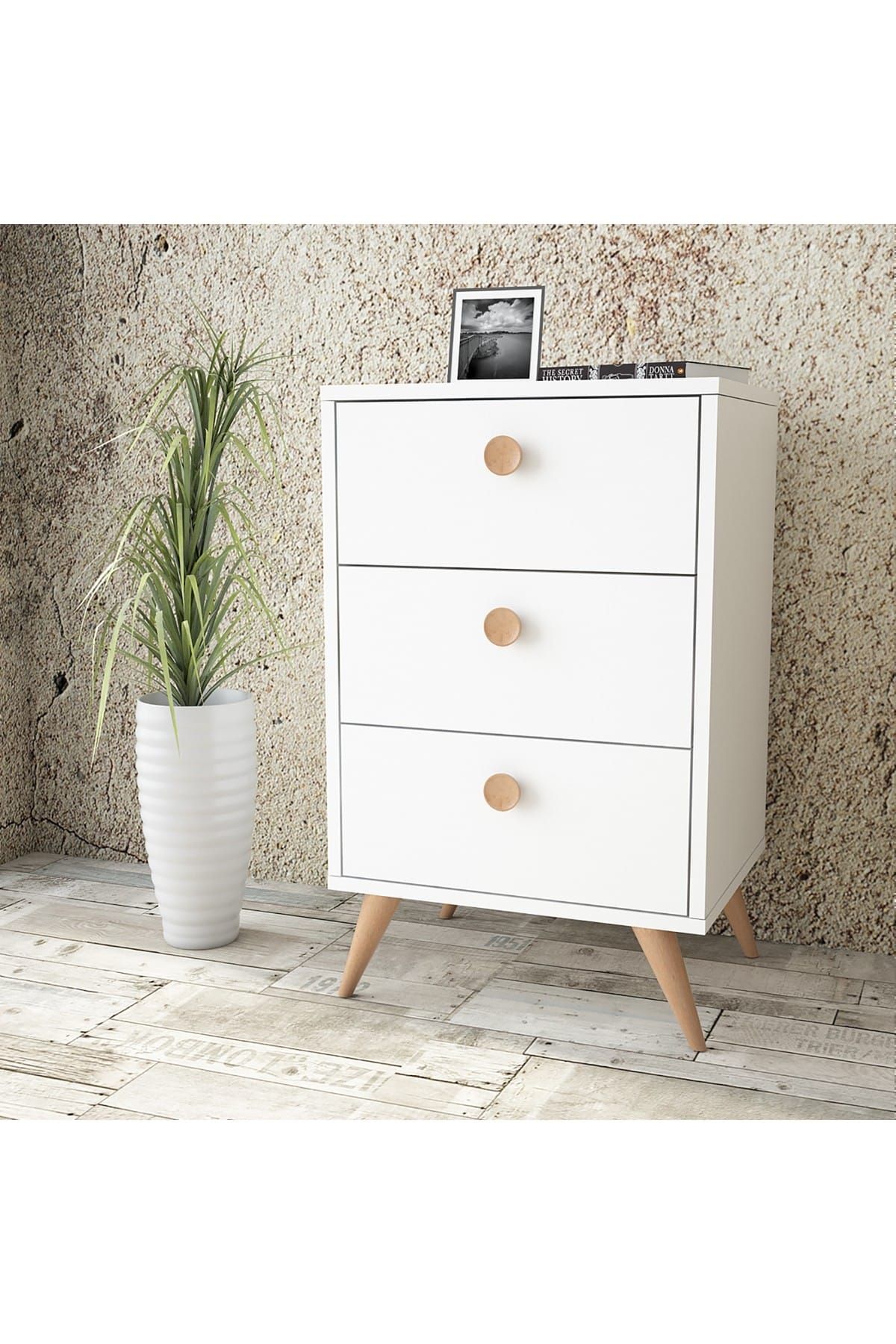 Yurudesign Vilamo Komodin Ahşap Ayak, 3Çekmece, Beyaz-Kayın VL68-111