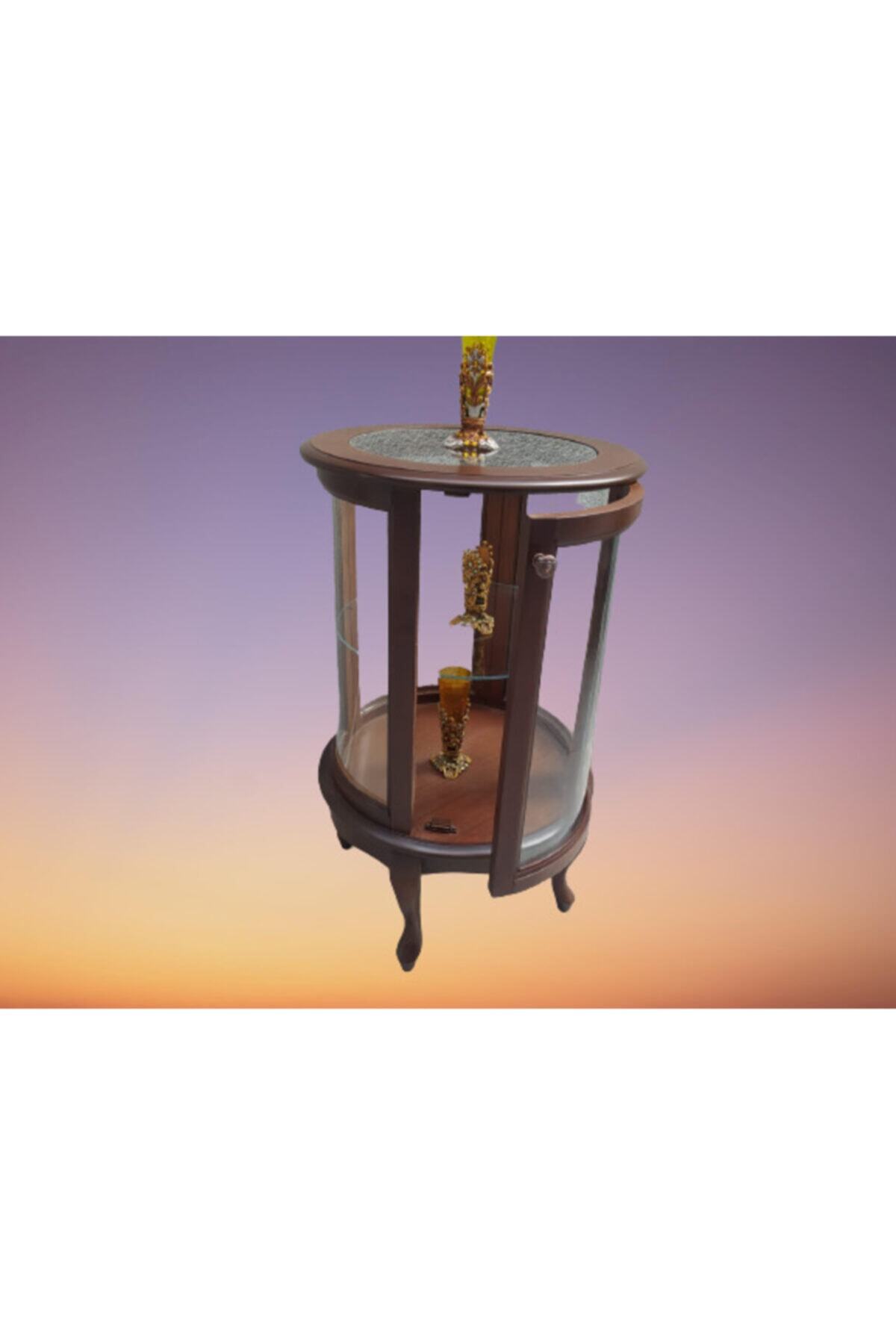 BENGİ TİCARET Ahşap Gürgen Ayak Ceviz Renk Yuvarlak Bombe Cam Vitrin 98 cm