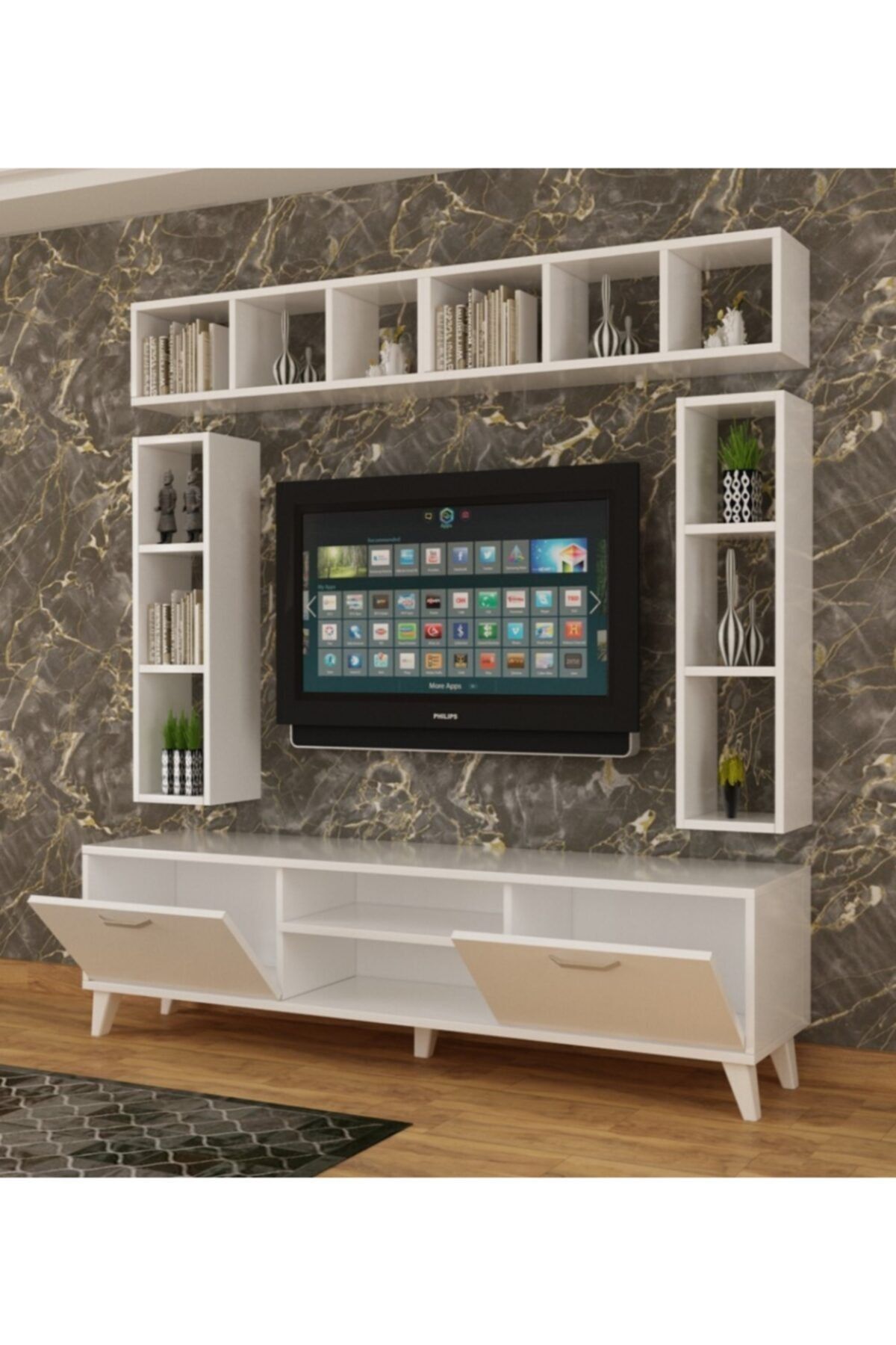 Dekormer Design Tv Ünitesi Dolaplı Beyaz 180 cm ve Kitaplıklar