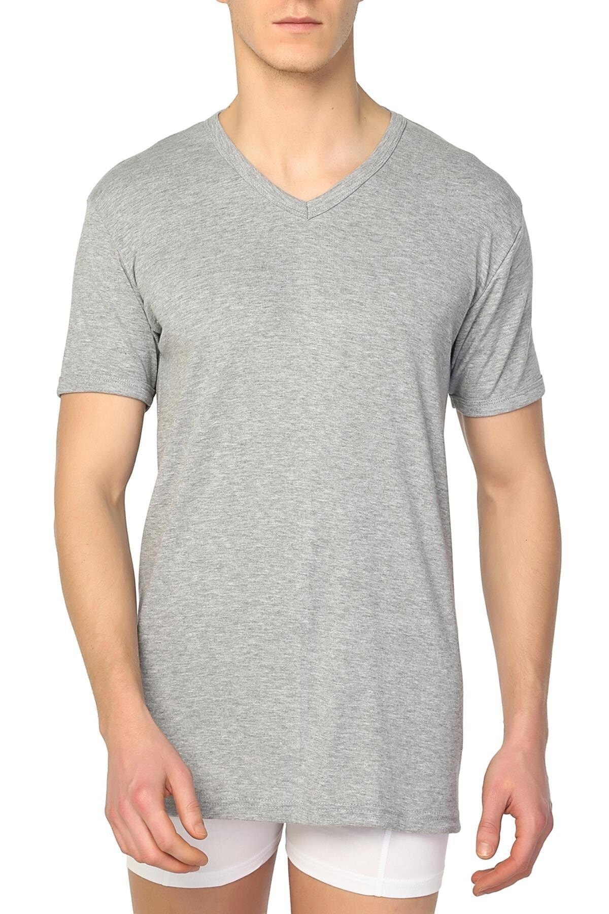 GÜMÜŞ 12 Adet Gri Renk V Yaka Kısa Kollu Fanila