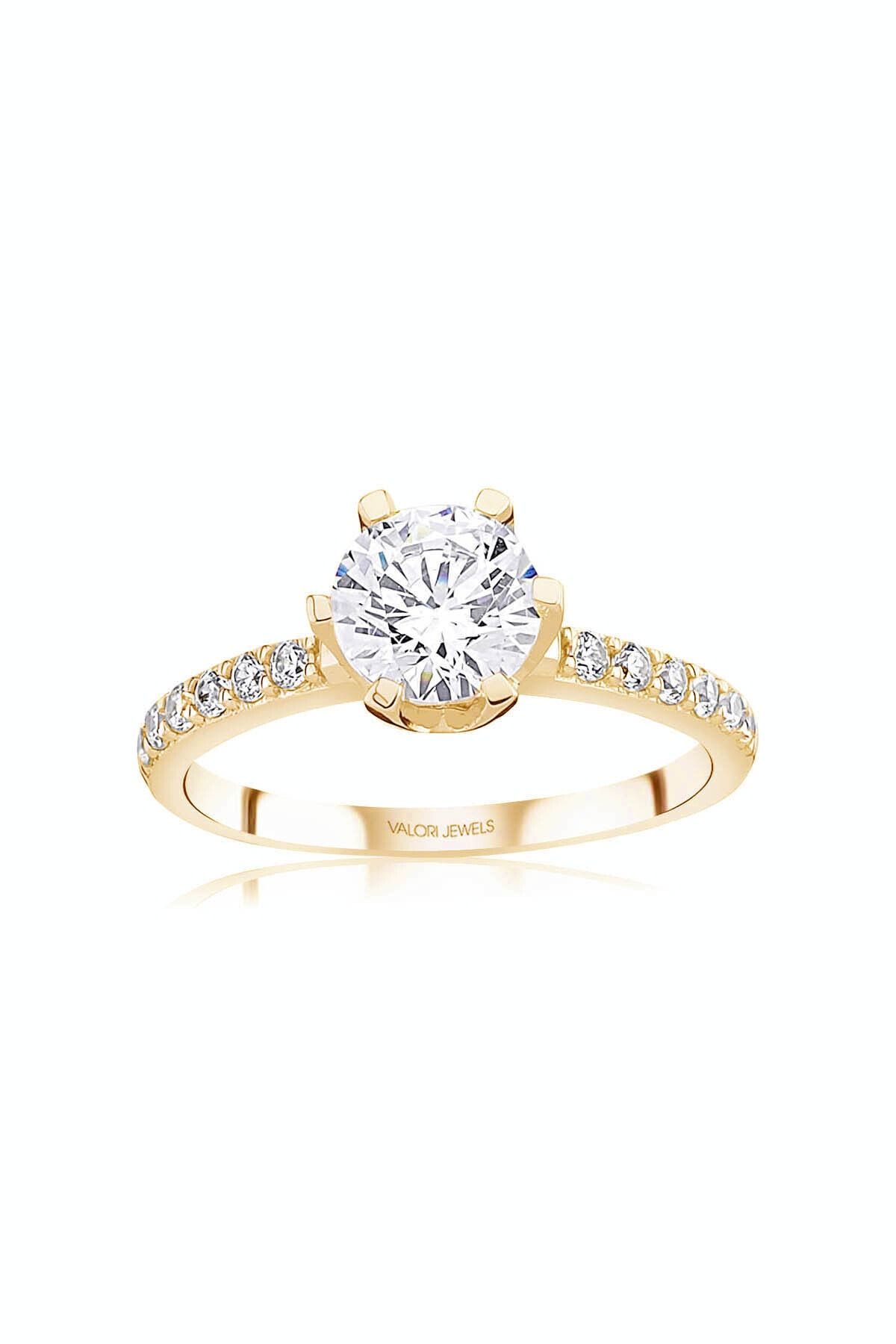 Valori Jewels Altı Tırnak, 1.25 Karat Swarovski Zirkon Taşlı, Altın Rengi Gümüş Tektaş Yüzük