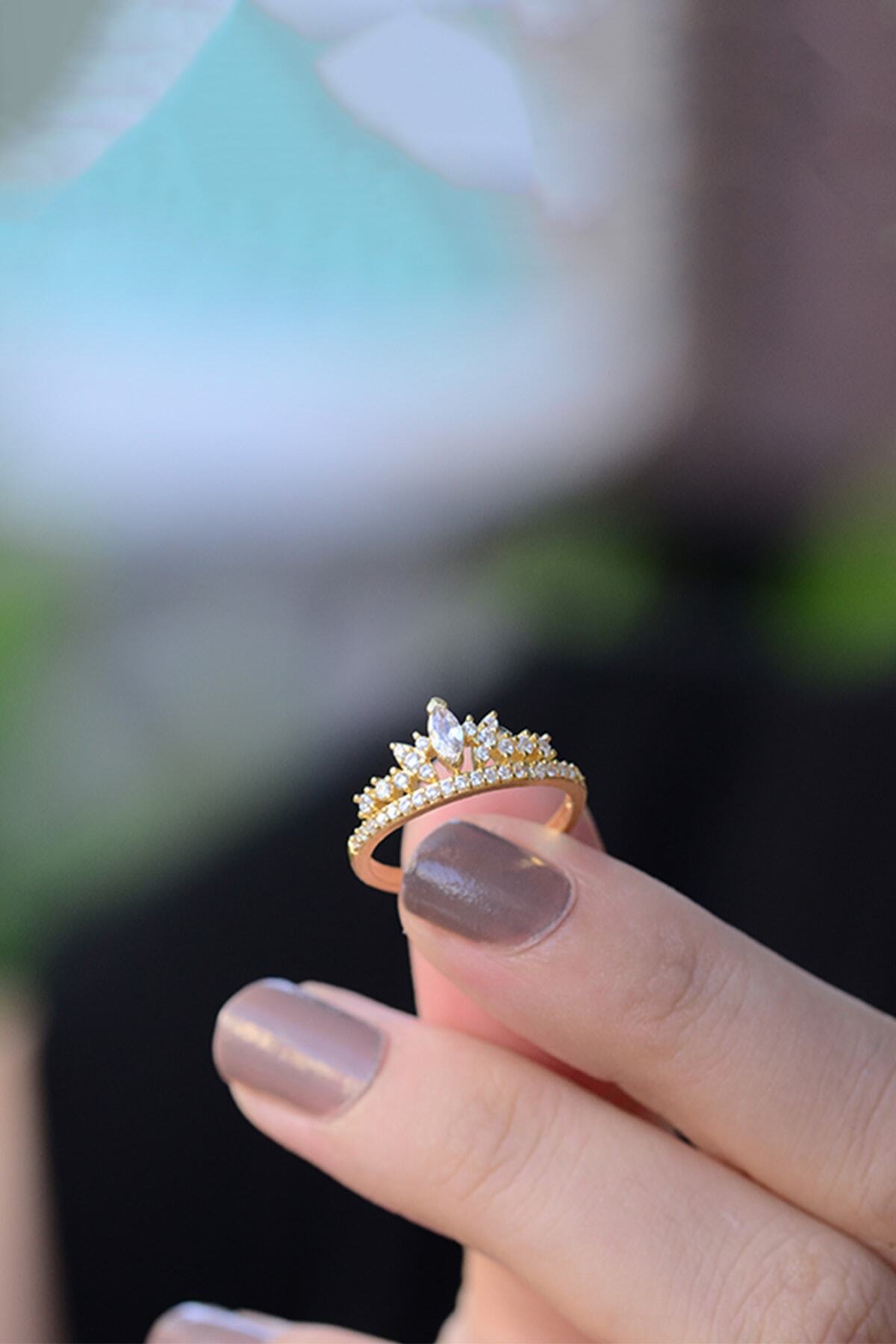 LOTUS GÜMÜŞ Kadın Prenses Tacı Ayarlanabilir 14 K Rose Altın Kaplama Yüzük