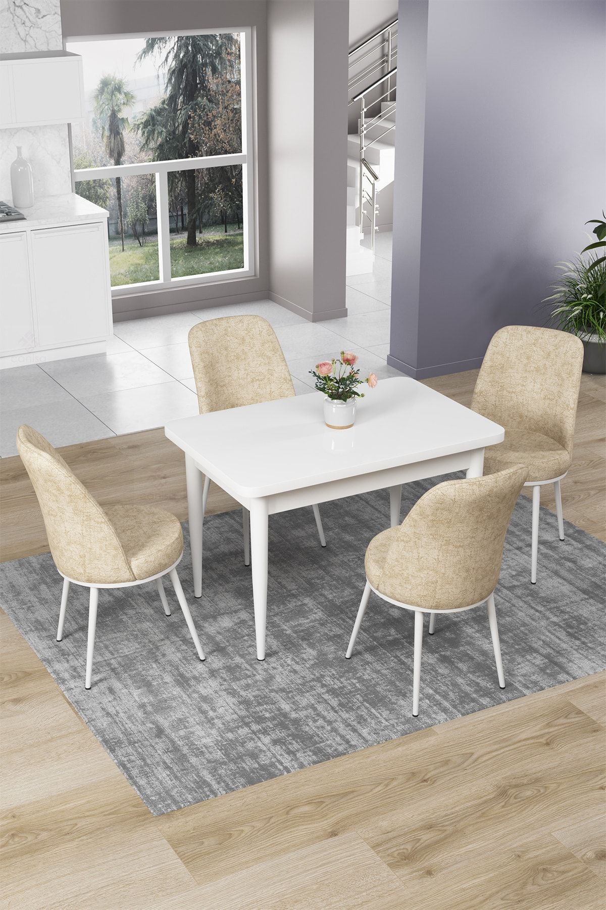 Canisa Concept Nil Serisi Beyaz Yemek Masası,mutfak Masa Takımı +4 Krem Sandalye