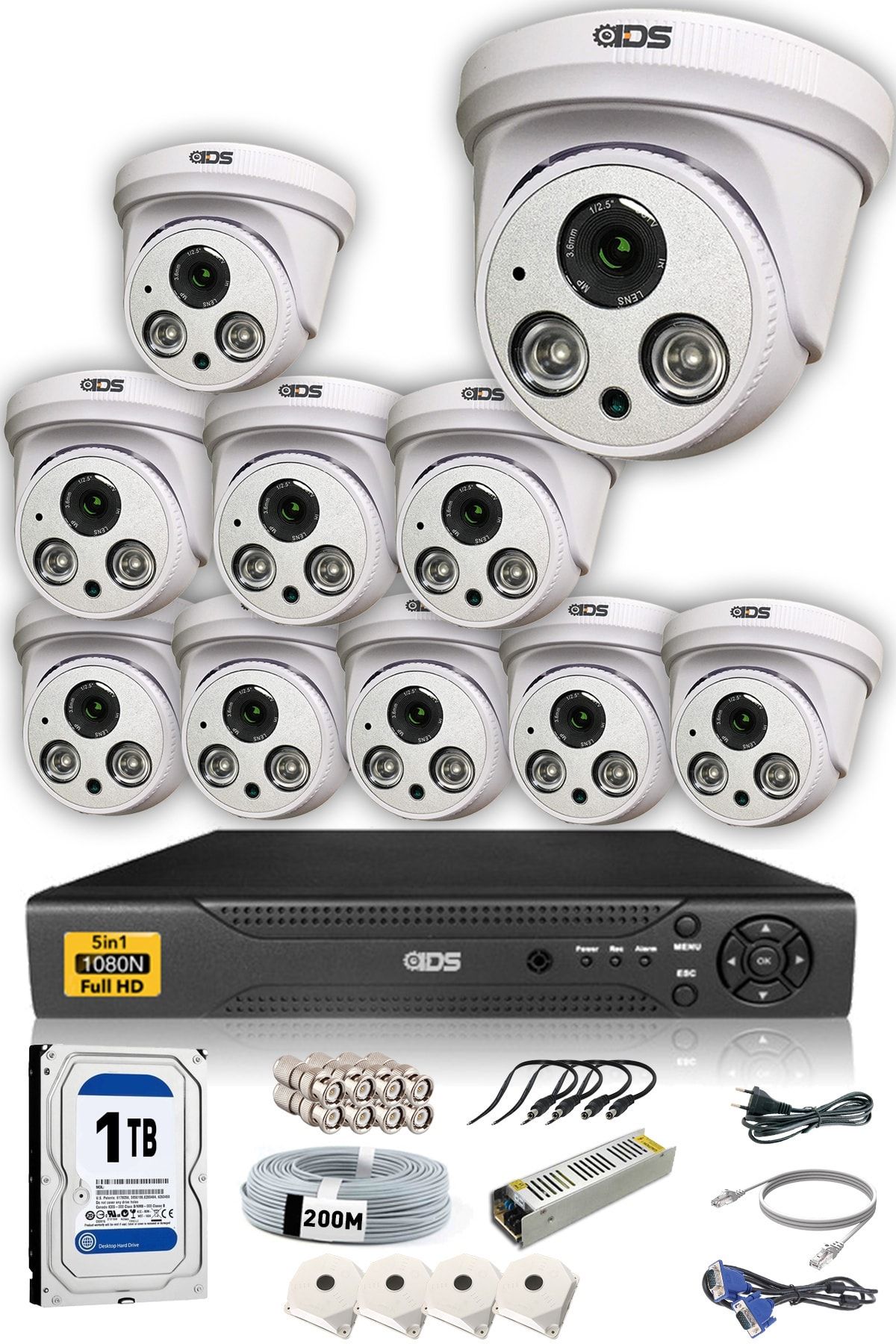 IDS 10 Kameralı 5mp Lensli 1080p Full Set Güvenlik Kamerası Seti Kolay Cepten Izle Sabit Ip Istemez