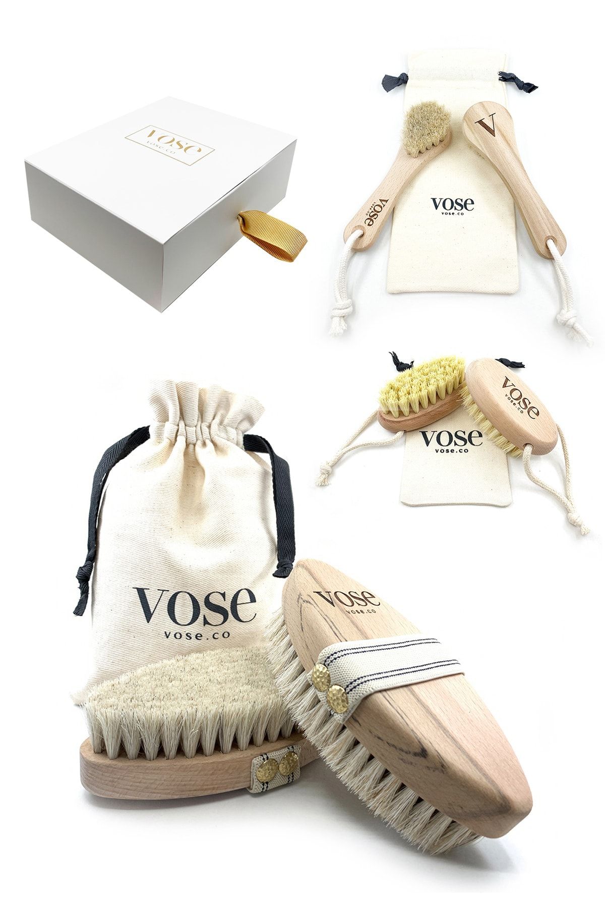 Vose 3' lü Set Doğal At Kılı Selülit Fırçası (Vanilla) + Yüz Fırçası + Tırnak Fırçası