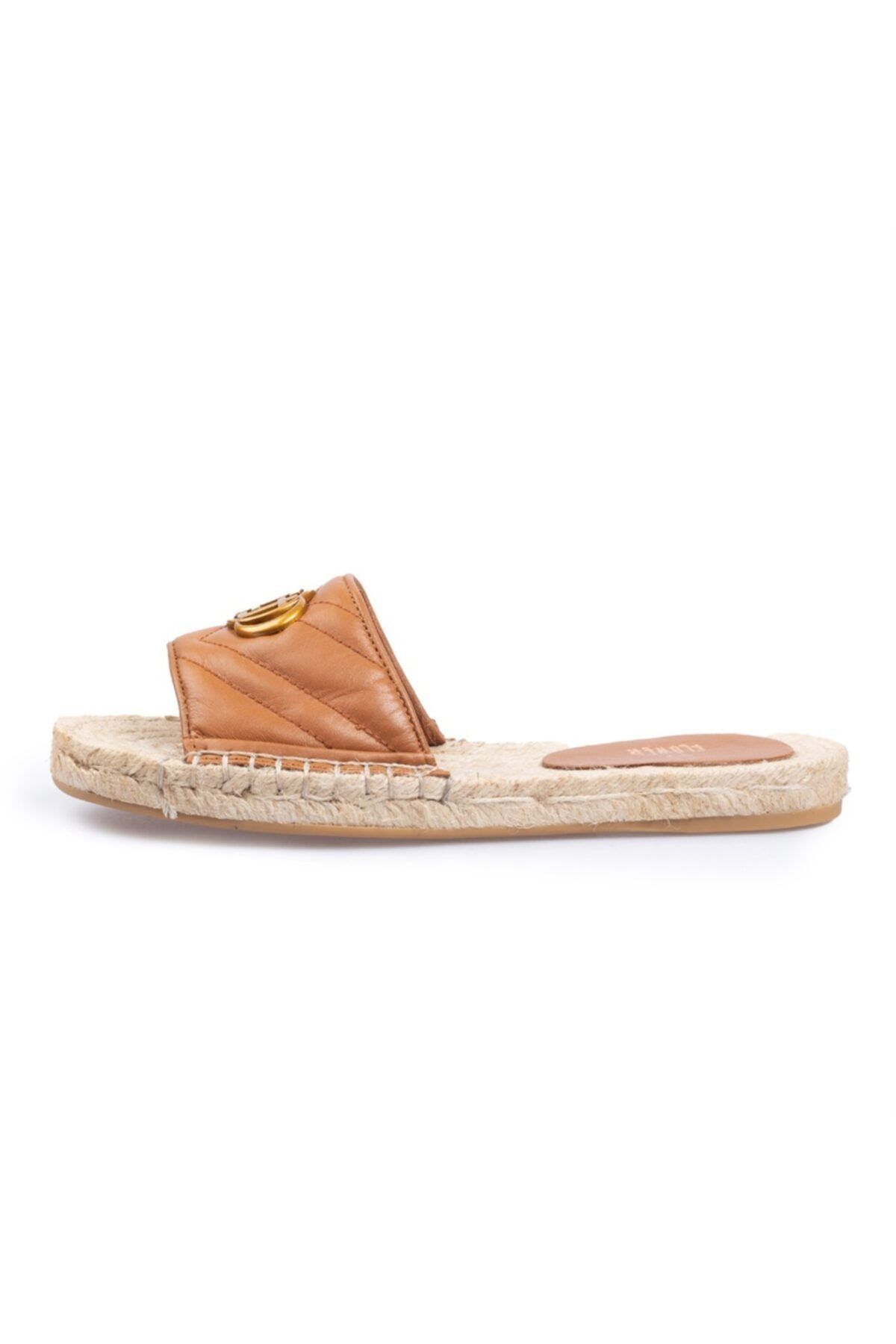 Flower Erkek Taba Deri Ff Tokalı Espadril Terlik